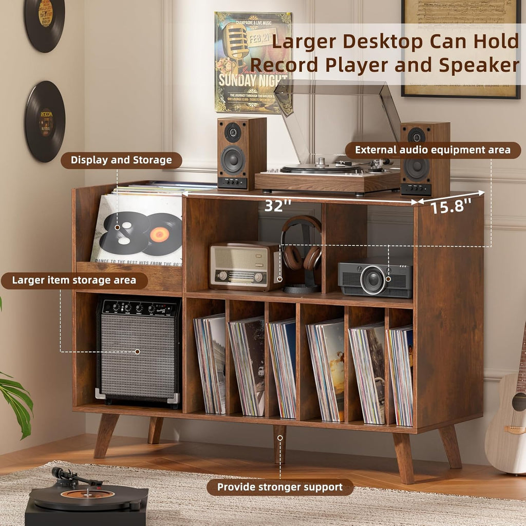 LELELINKY Large 48'' Record Player Stand with Storage, Vinyl Record Storage Holder with Display Area, Turntable Stand Record Player Table Holds Up to 450 Albums,Record Stand for Music Room Living Room