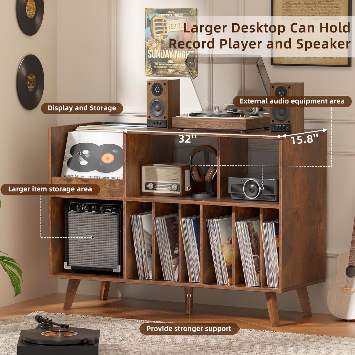 LELELINKY Large 48'' Record Player Stand with Storage, Vinyl Record Storage Holder with Display Area, Turntable Stand Record Player Table Holds Up to 450 Albums,Record Stand for Music Room Living Room