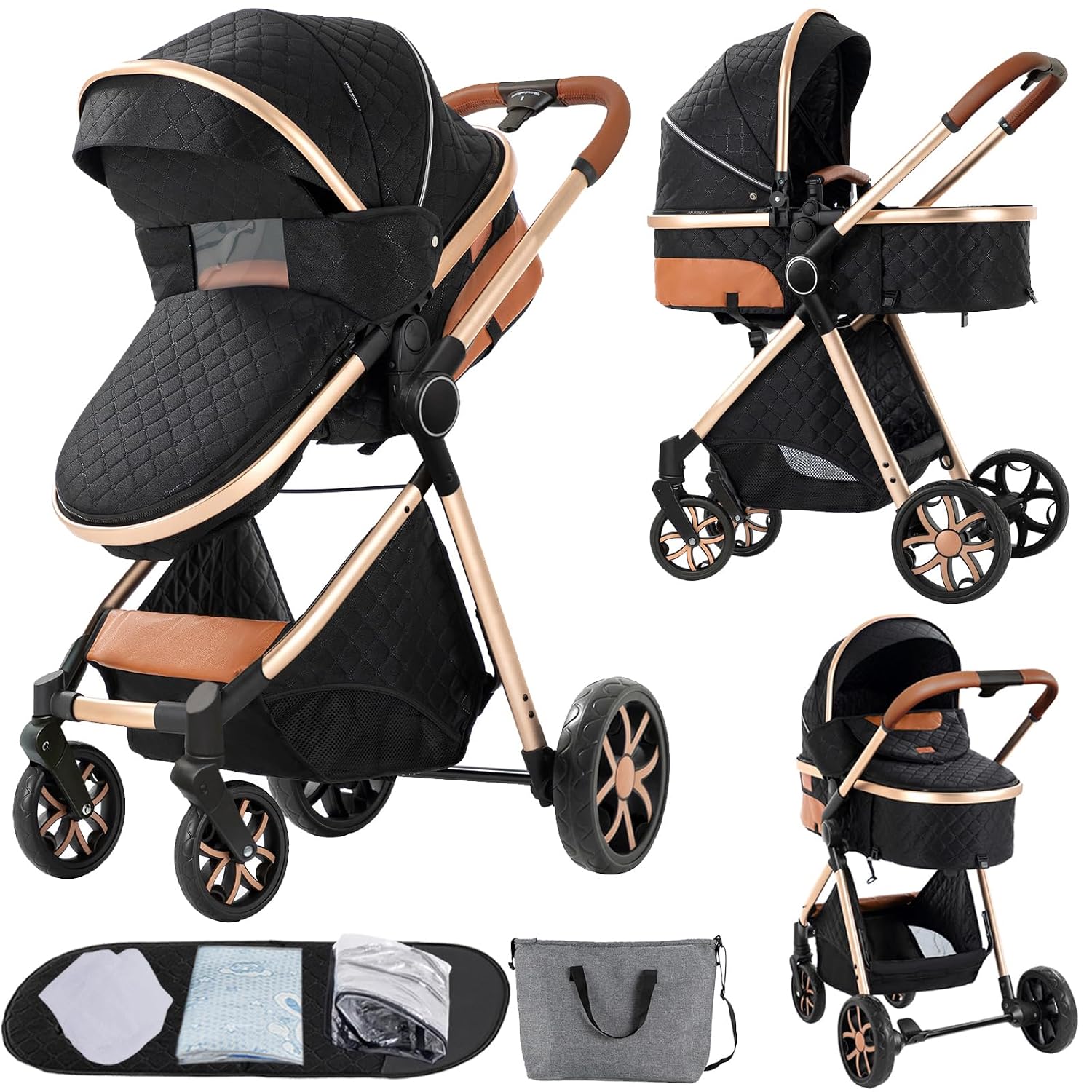 Nine point nine 2 in 1 Baby Stroller, Reversible Convertible Infant Stroller of One-Click Folding, Newborn Travel Strollers Toddler Standard Pram Carriage (225 Black Gold)