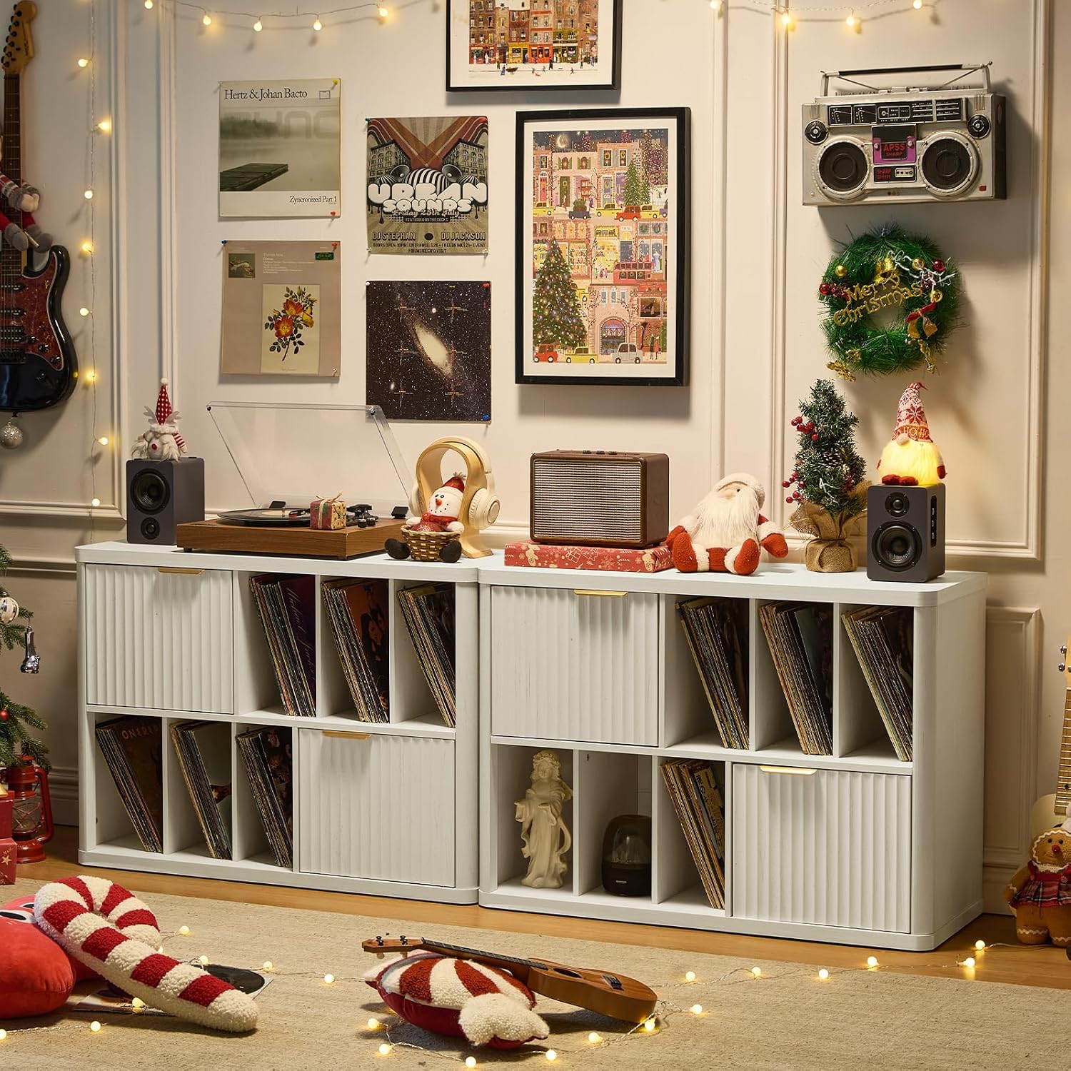 LEYAOYAO Large Record Player Stand with Vinyl Storage Up to 450 Albums, Wood Fluted Record Storage Accent Cabinet, Modern Stereo Media Cabinets, Wide Turntable Stand for Living Room, Antique White