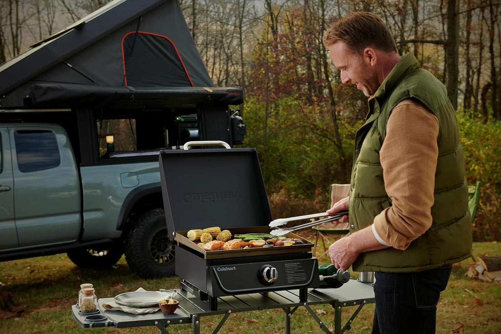 Cuisinart 17' Tabletop Gas Griddle with Hood, Easy Assembly Compact Outdoor Flat-Top Grill with Grease Cup, 255 Sq. In Cooking Space Perfect for Camping, Tailgates and BBQs