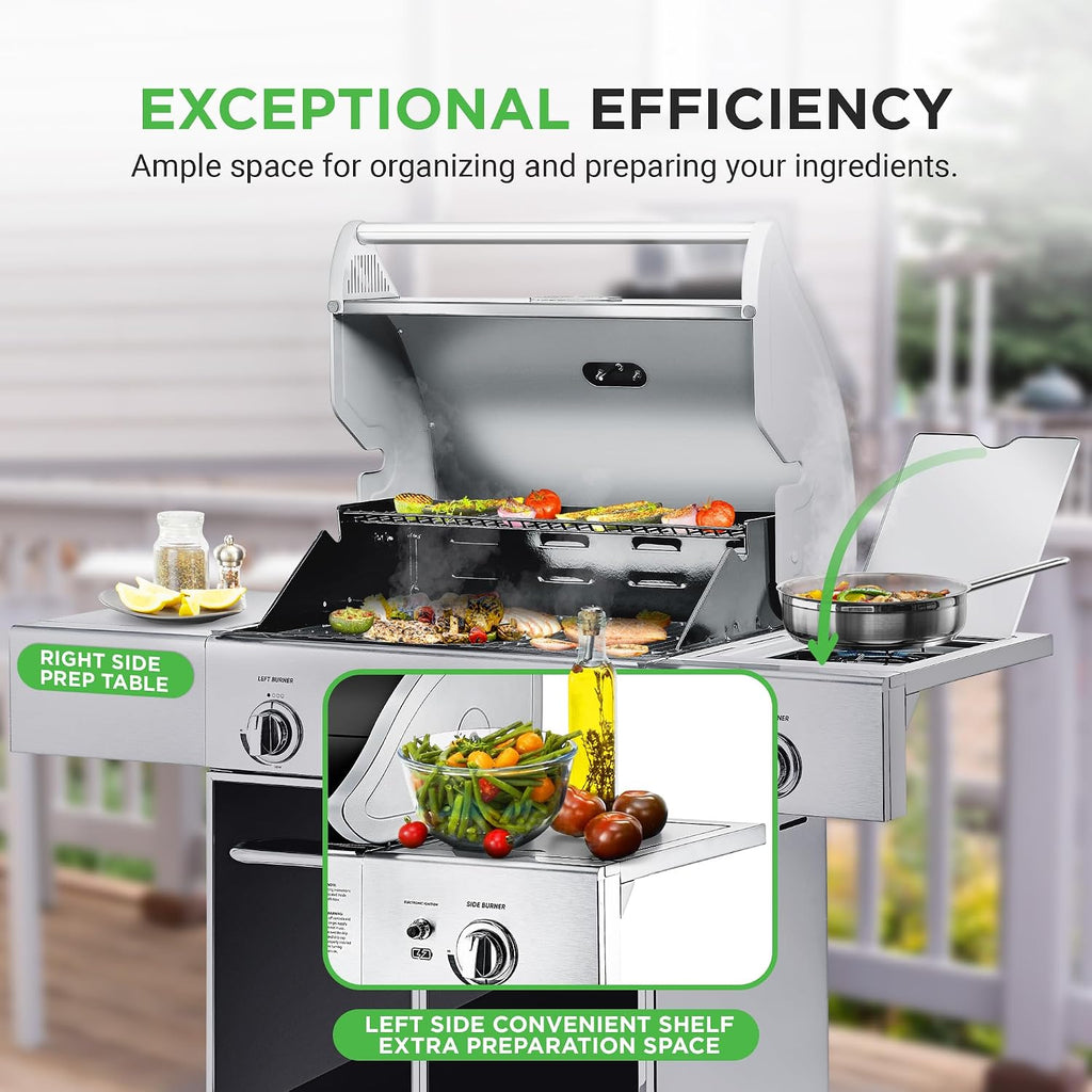Heavy-Duty 5-Burner Propane Gas Grill - Stainless Steel Grill, 4 Main Burner with 1 side burner, 52,000 BTU Grilling Capacity, Electronic Ignition System, Built-in Thermometer - NutriChef NCGRIL2