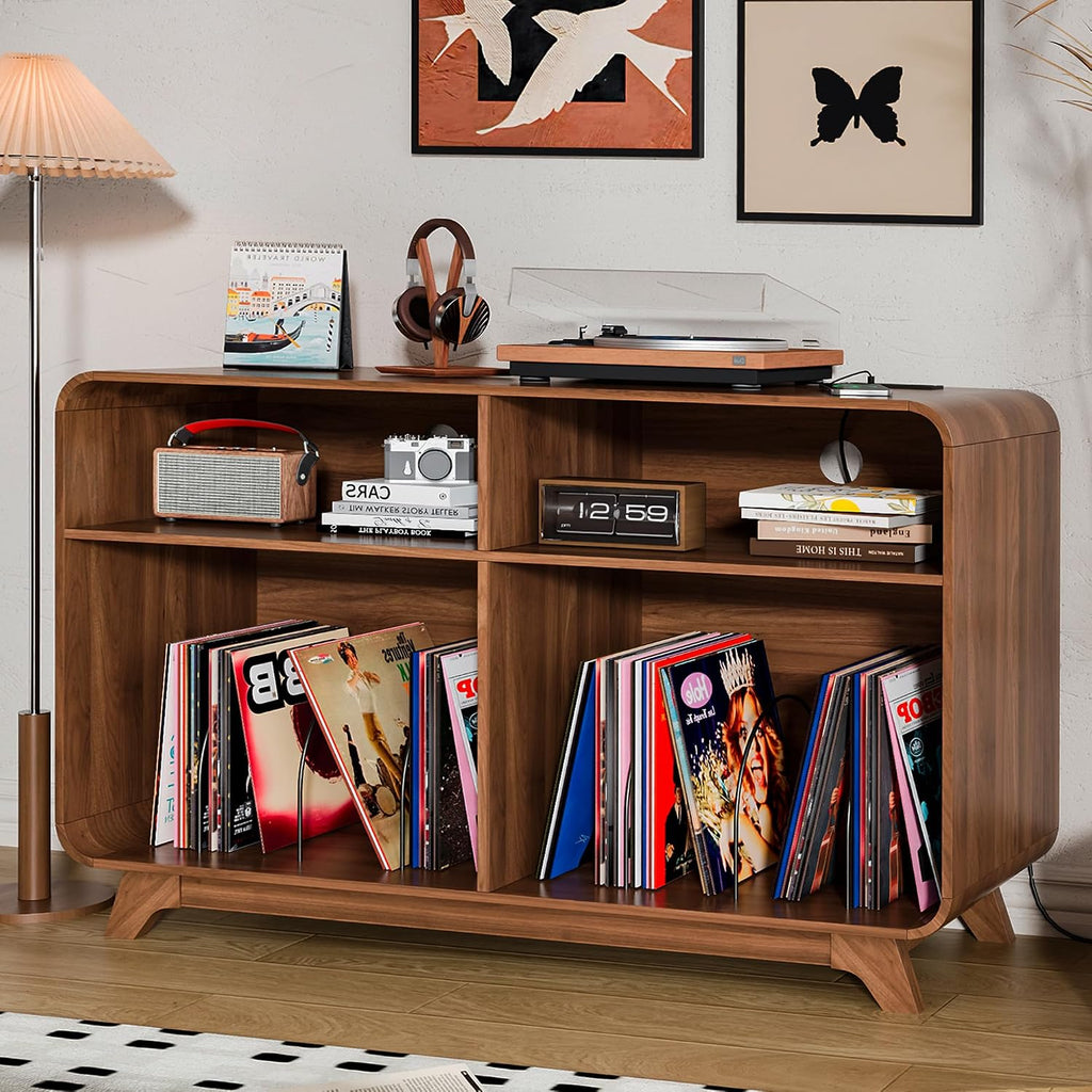 Record Player Stand with Vinyl Storage Cabinet with Charging Station & USB Ports, Turntable Stand Table Holds Up to 350 Albums, Curved Vinyl Record Cabinet for Living Room (Walnut, 42.5-inch)