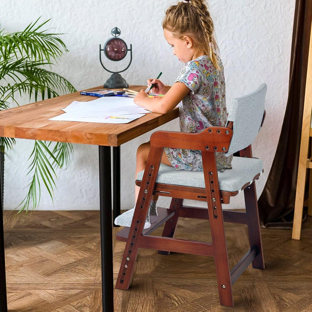 Ezebaby Wooden High Chair for Toddlers to Teens Adjustable Kids Learning Chair with Steps, Child Seats with Removable Cushions (Nut-Brown)