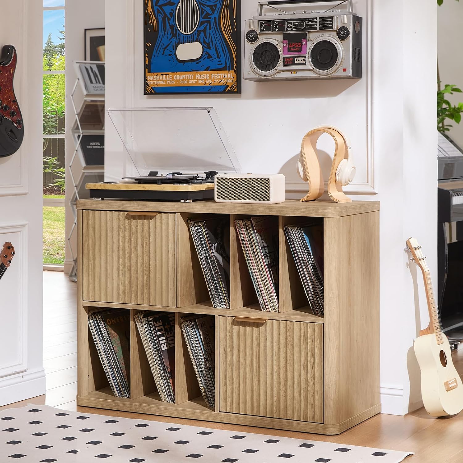 LEYAOYAO Large Record Player Stand with Vinyl Storage Up to 450 Albums, Wood Fluted Boho Record Storage Accent Cabinet, Modern Stereo Media Cabinets, Wide Turntable Stand for Living Room, Natural Oak