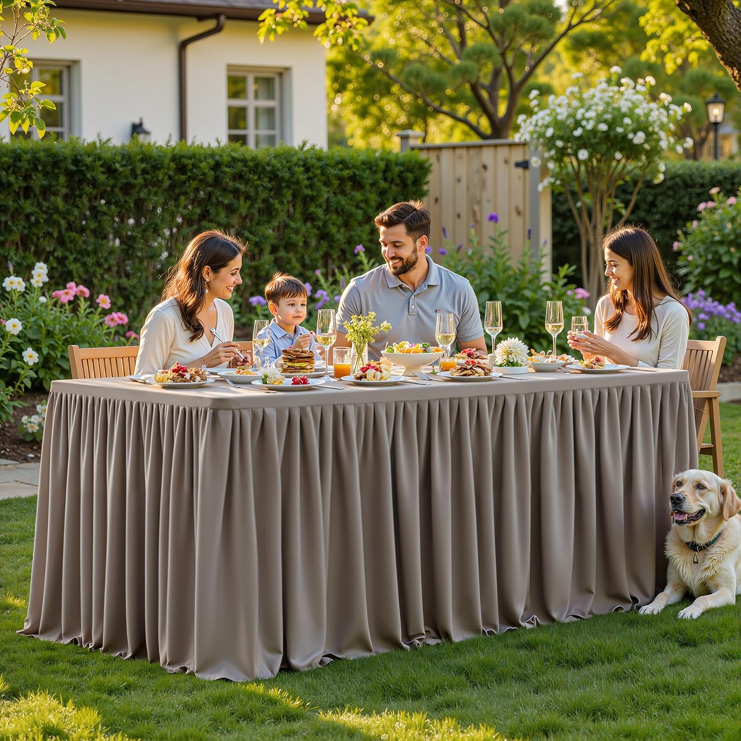 6 Pack Natural Tablecloths for Rectangle Tables 6ft, Wrinkle Resistant Spandex Table Cover Fitted Stretch Table Cloth with Pleated Ruffle Skirts for Party Banquet Dining Birthday Wedding