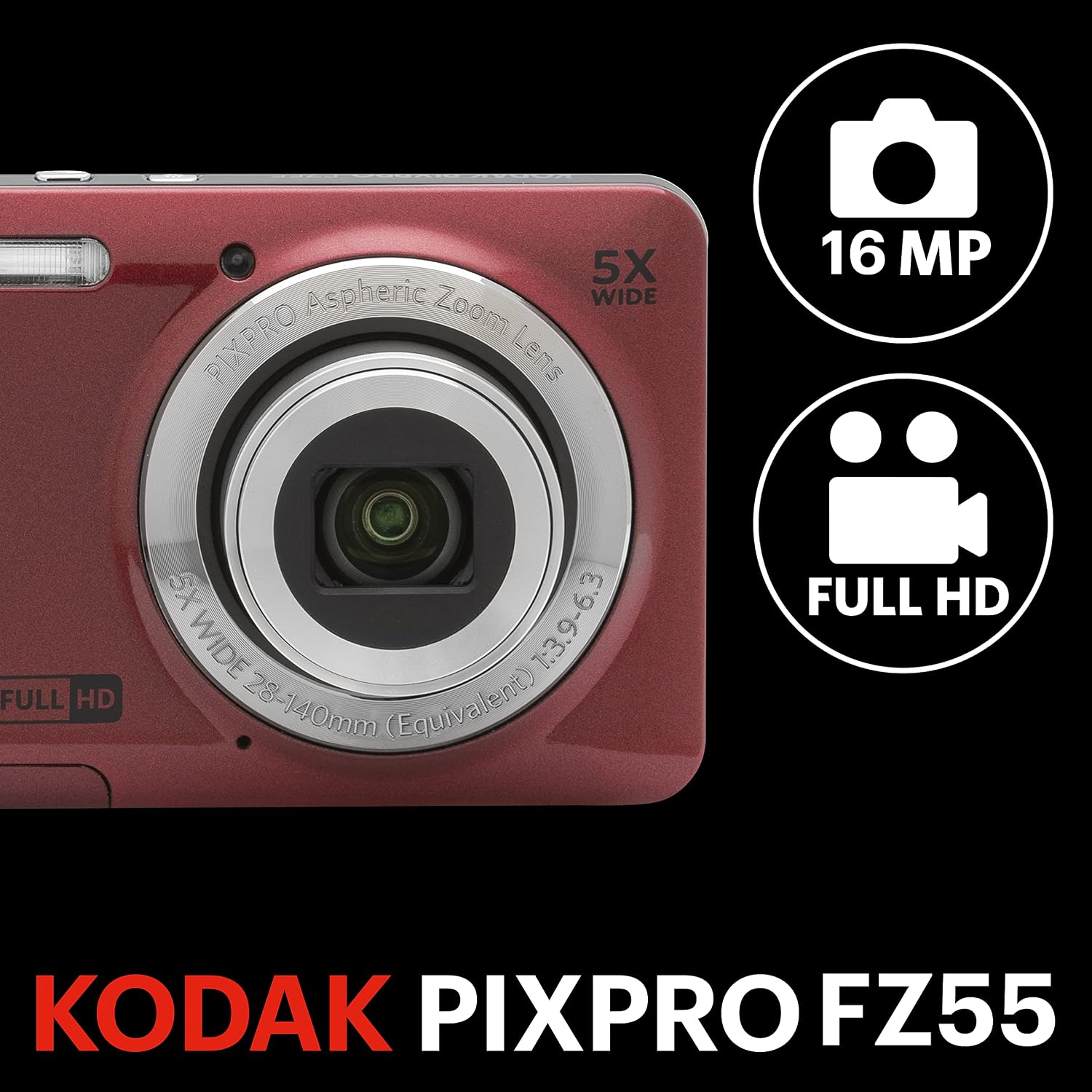 Kodak PIXPRO FZ55-RD 16MP Digital Camera 5X Optical Zoom 28mm Wide Angle 1080P Full HD Video 2.7' LCD Vlogging Camera (Red) Packaging May Vary