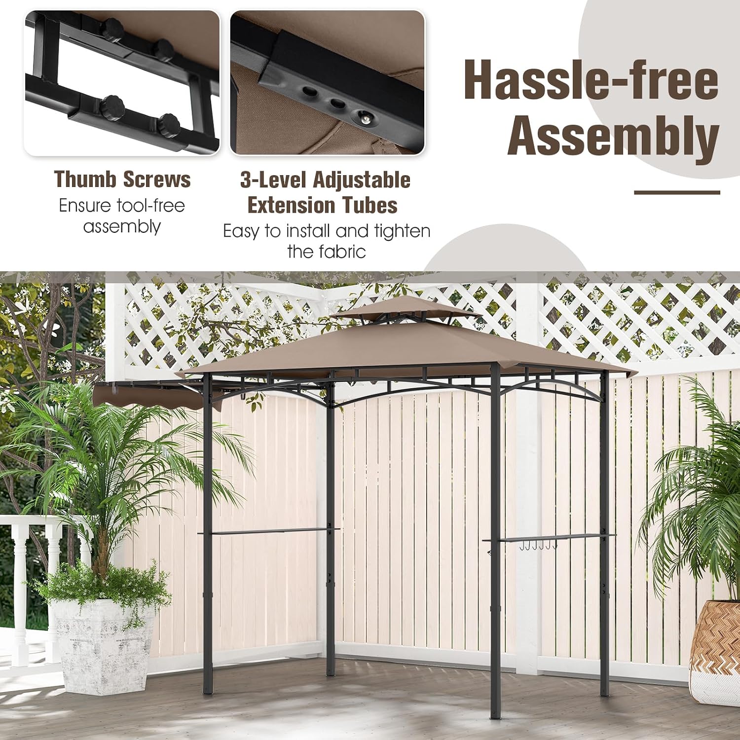 Tangkula 11x5 FT Grill Gazebo with Side Awning, 2-Tier Barbecue Gazebo with 2 Shelves, 12 Hanging Hooks, Bottle Opener, Outdoor Grill Canopy for Backyard Garden Poolside (Brown)