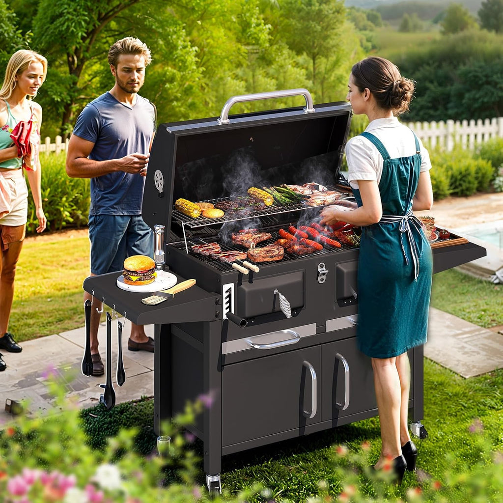 MELLCOM 36 In Large Charcoal Grills - 620 Sq.In Oversized BBQ Area with Storage Cabinet & Individual Lifting Charcoal Trays, Foldable Side Tables and Thermometer for Outdoor, Patio, Balcony