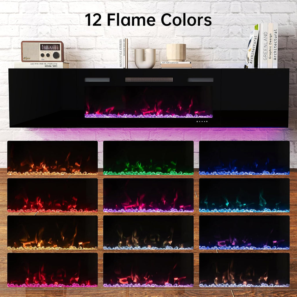 Real Relax 70' Floating TV Stand with 36' Electric Fireplace, Wall Mounted Entertainment Center with Storage, Remote Control, Modern LED Lights Fireplace TV Console for TVs Up to 80', All Black