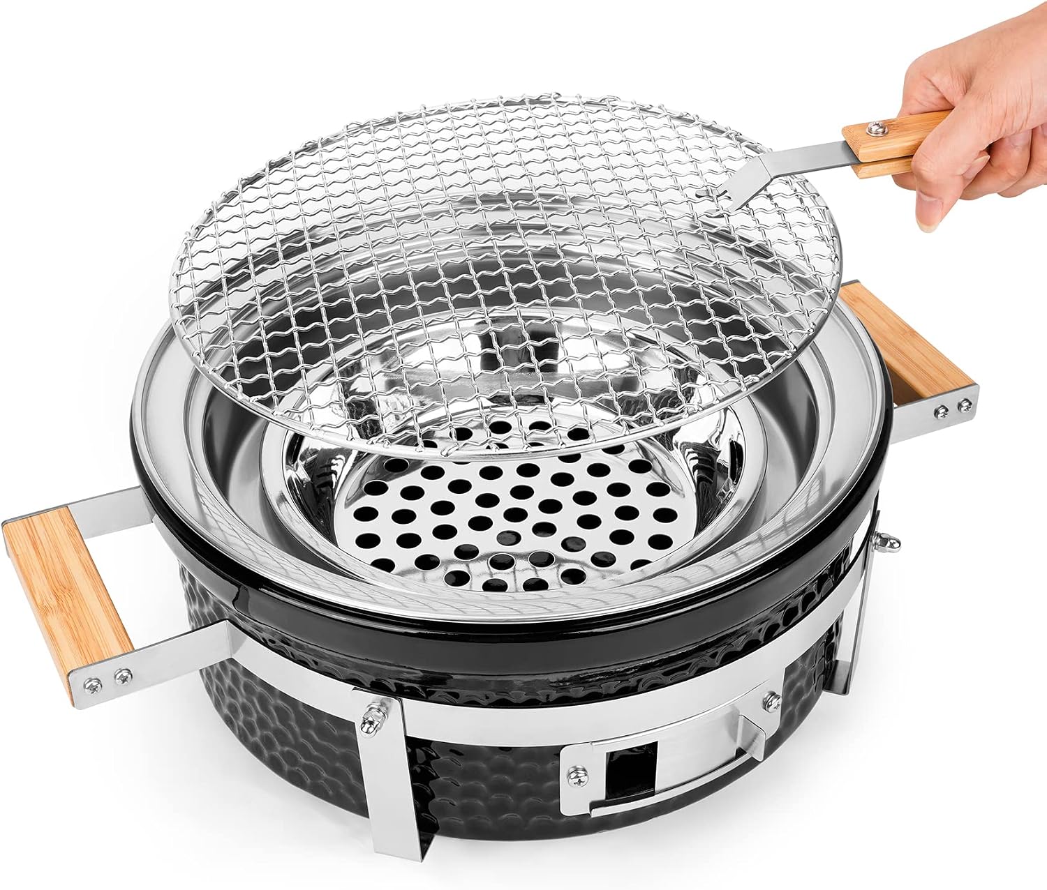 ONLYFIRE GRILLS Ceramic Hibachi Charcoal Grill with Grid Lifter, 14' Portable BBQ Yakitori Grill with Stainless Steel Grate for Outdoor Patio Backyard Barbecue Cooking, GS305