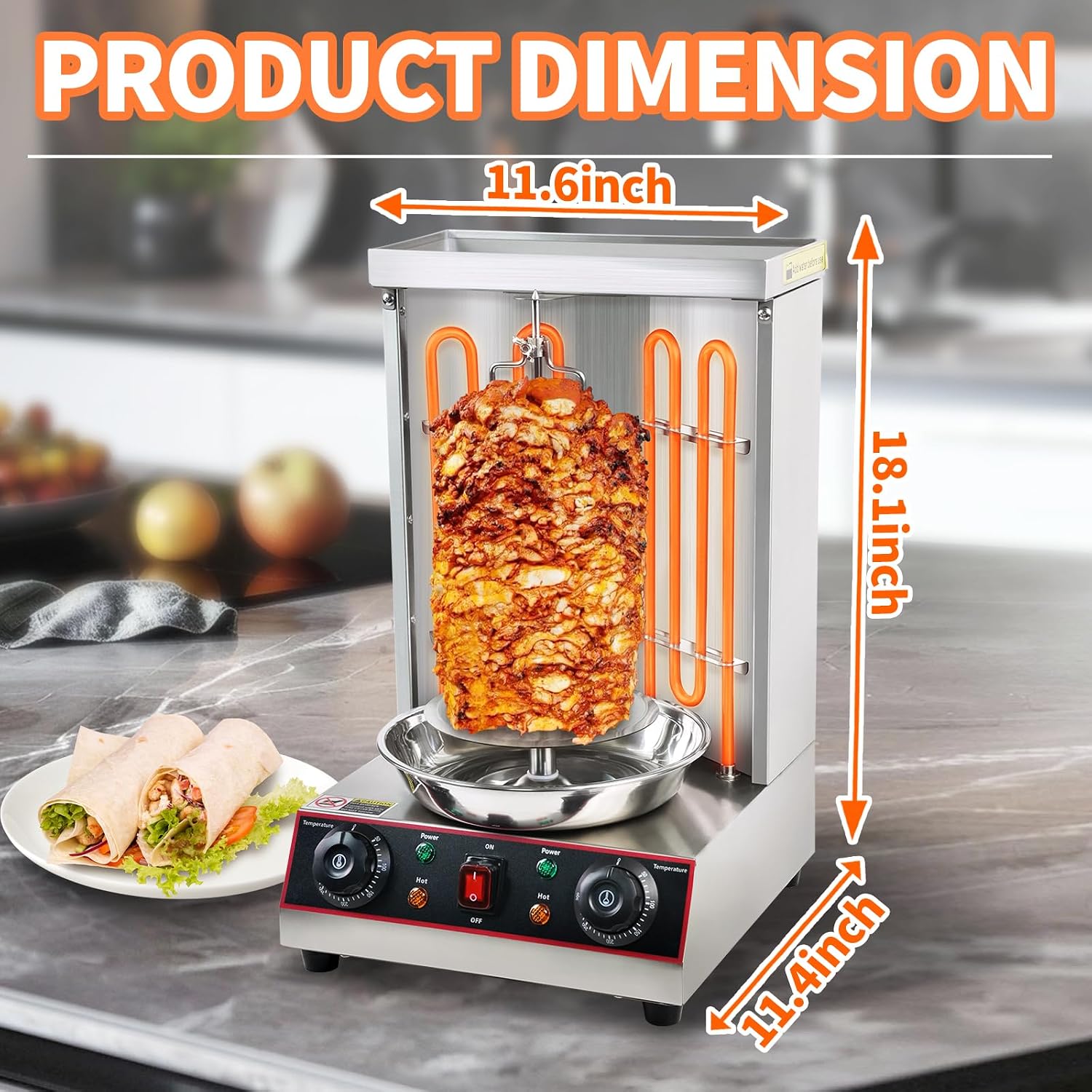 Electric Shawarma Grill Machine Vertical Rotisserie Broiler Gyro with 2 Heating Tubes,Countertop Rotating Grill Doner Kebab Oven,110V