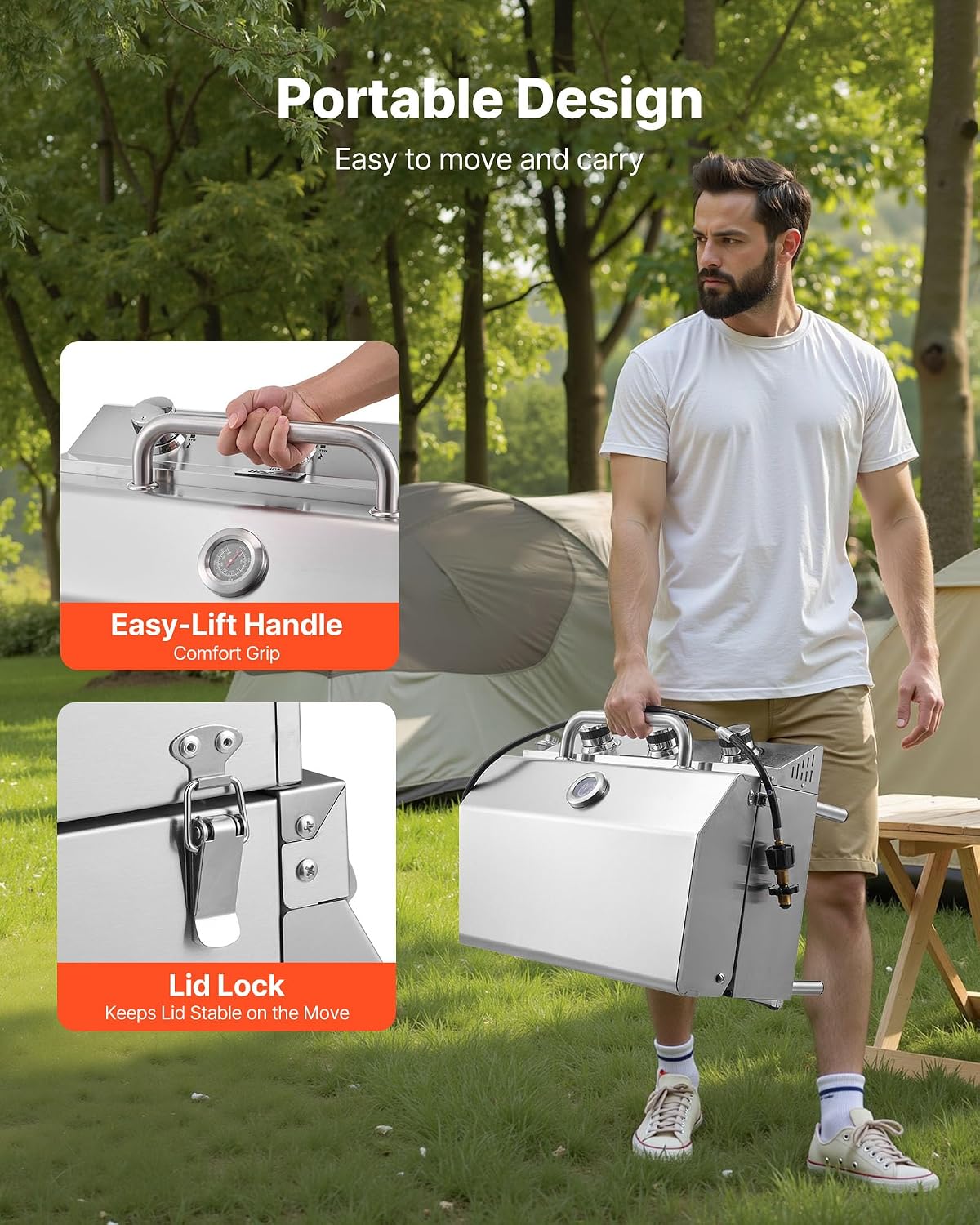 VEVOR Tabletop Gas Grill, 3-Burner Stainless Steel Portable Propane Grill, with Built-in Thermometer, Travel Locks, Weatherproof Lid, 22,500 BTU Total, for Outdoor Cooking, Patio, Party, Camping, RV