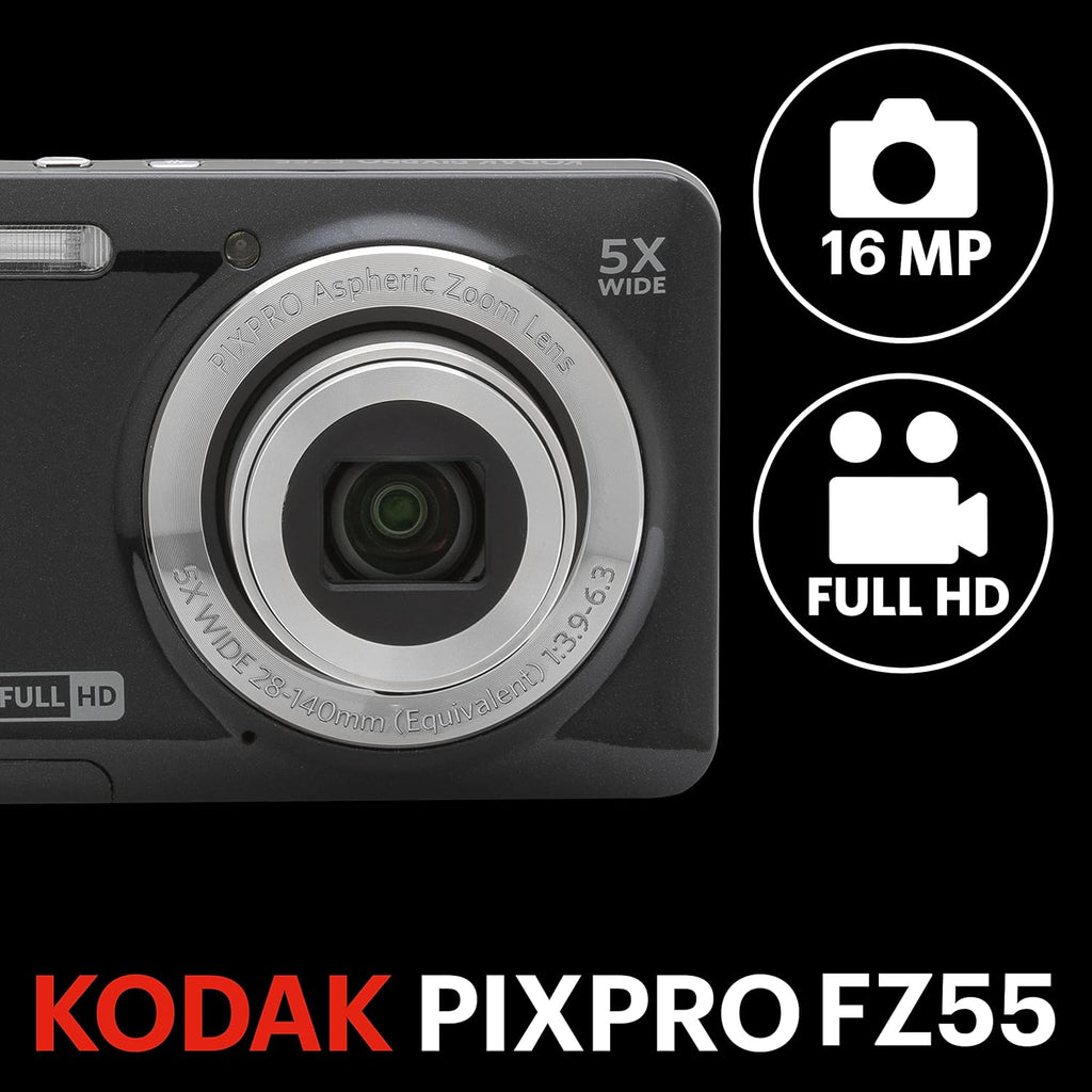 Kodak PIXPRO FZ55-BK 16MP CMOS Sensor Digital Camera 5X Optical Zoom 28mm Wide Angle 1080P Full HD Video 2.7' LCD Vlogging Camera (Black)