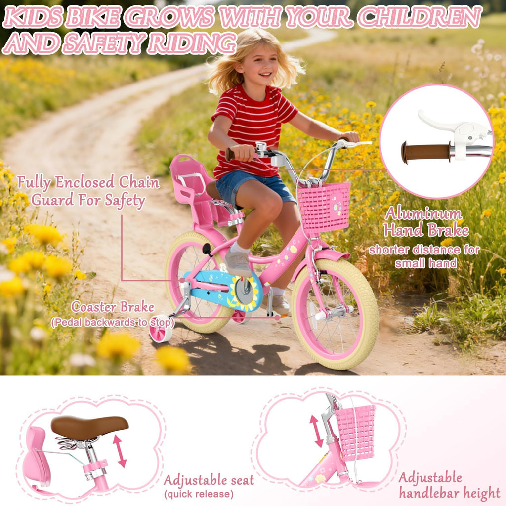 Glaf Toddler Girls Bike for Age 2-9 Years Old 12 14 16 Inch Girls Bike with Training Wheels and Doll Seat Kids Bike Bicycle with Basket