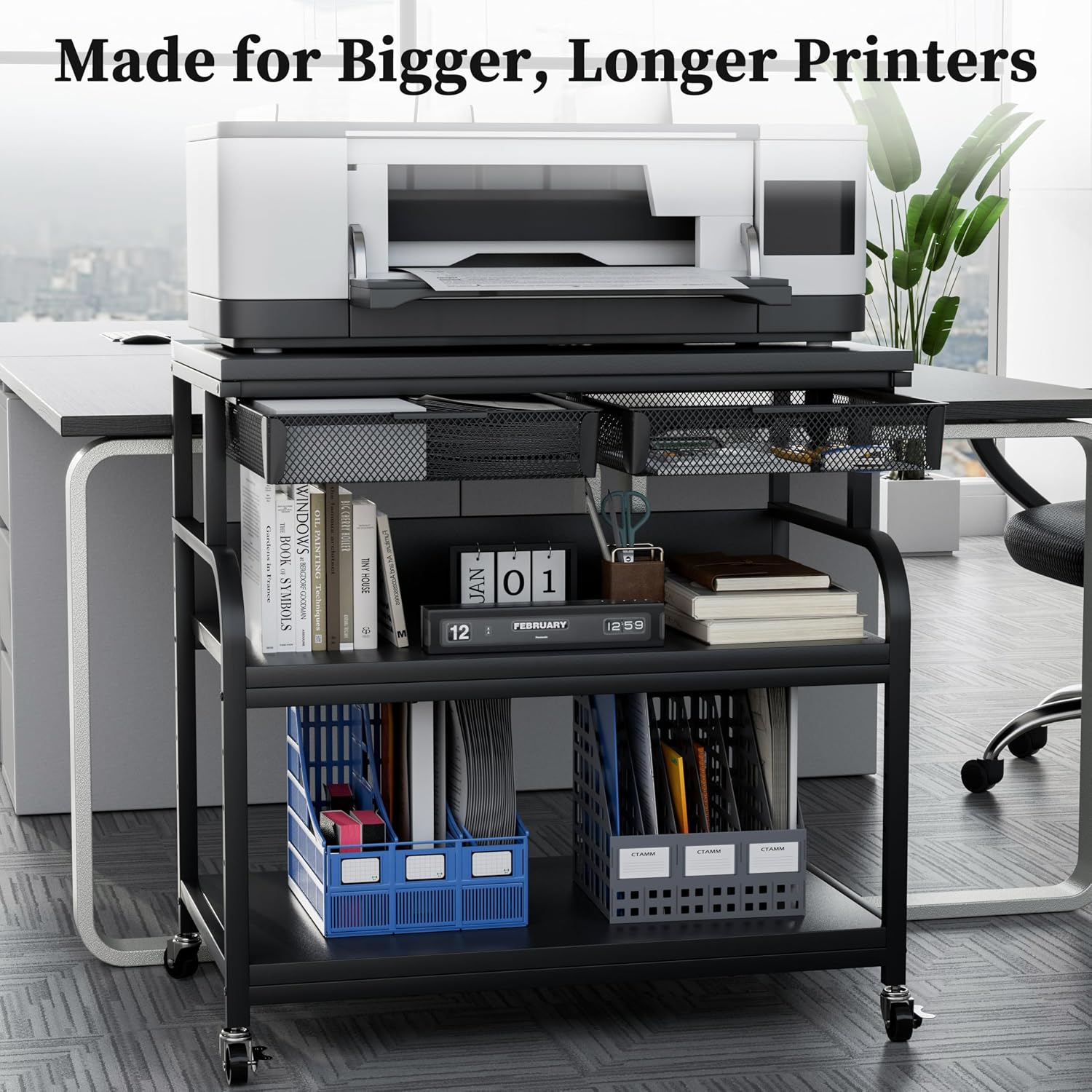 EasyCom 32.3'x18.9' Extra Large Printer Stand with Double Drawers, 5-Adjustable Heights 3 Tier Table with Wheels, Rolling Printer Cart with Storage for Printer Scanner Fax Home Office Use