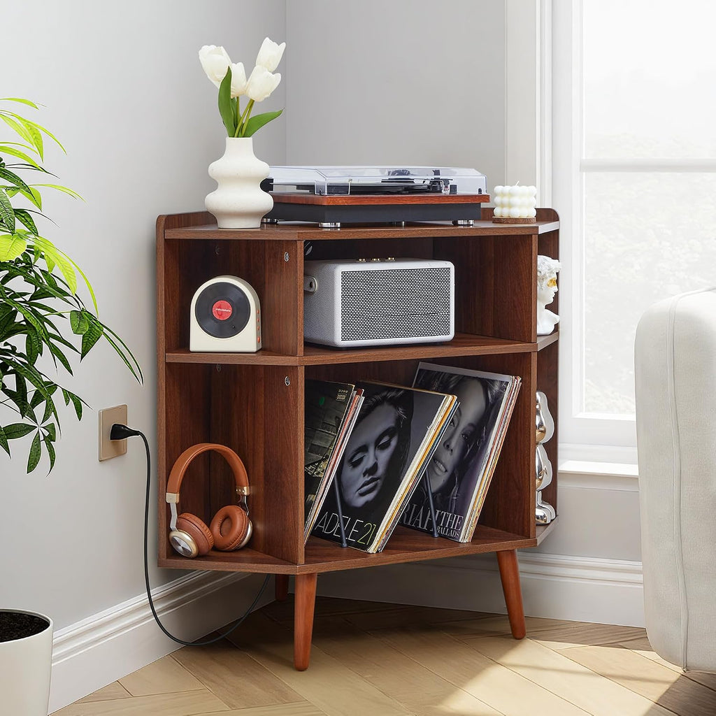 Corner Record Player Stand with Charging Station & USB Ports, 3 Tier Mid Century Modern Vinyl Record Storage Cabinet, Wood Turntable Stand for Music Room, Living Room, Small Space