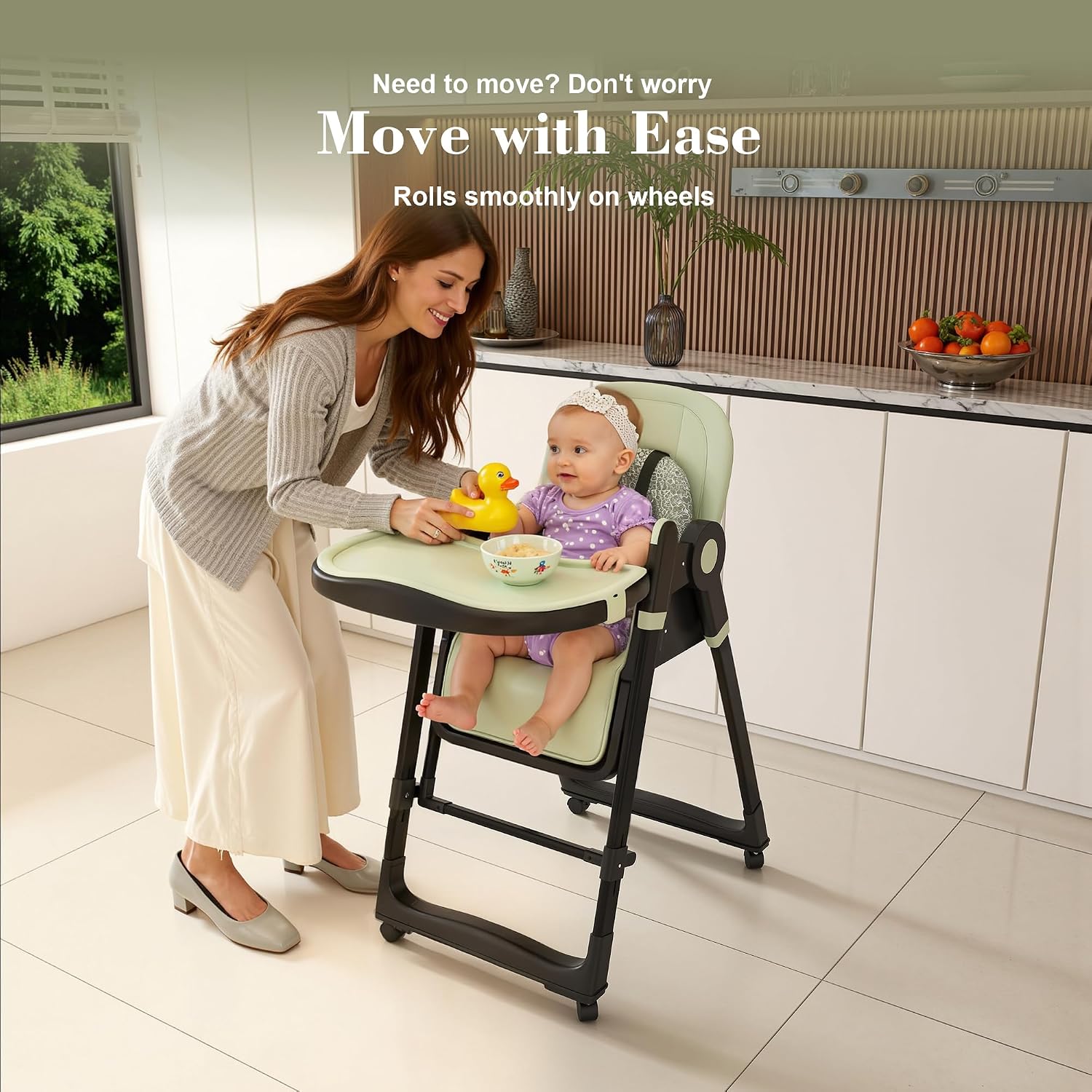 Baby High Chair Convertible to Rocker with 5-Point Harness Belt, Foldable Infant Feeding Seat with Silent Locking Wheels & Removable 2-Tier Easy-Clean Tray for 6 Months - 4 Years (Green)
