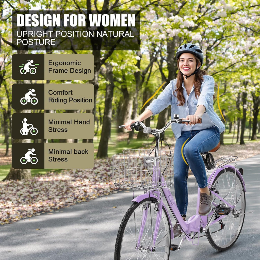 CamPingSurvivals Foldable Cruiser Bike 7-Speed Cruiser Bike 26Inch Women Bicycle with Ergonomic Upright Frame, Effortless 7-Speed Shifting and Lightweight Design for Adult Men and Women