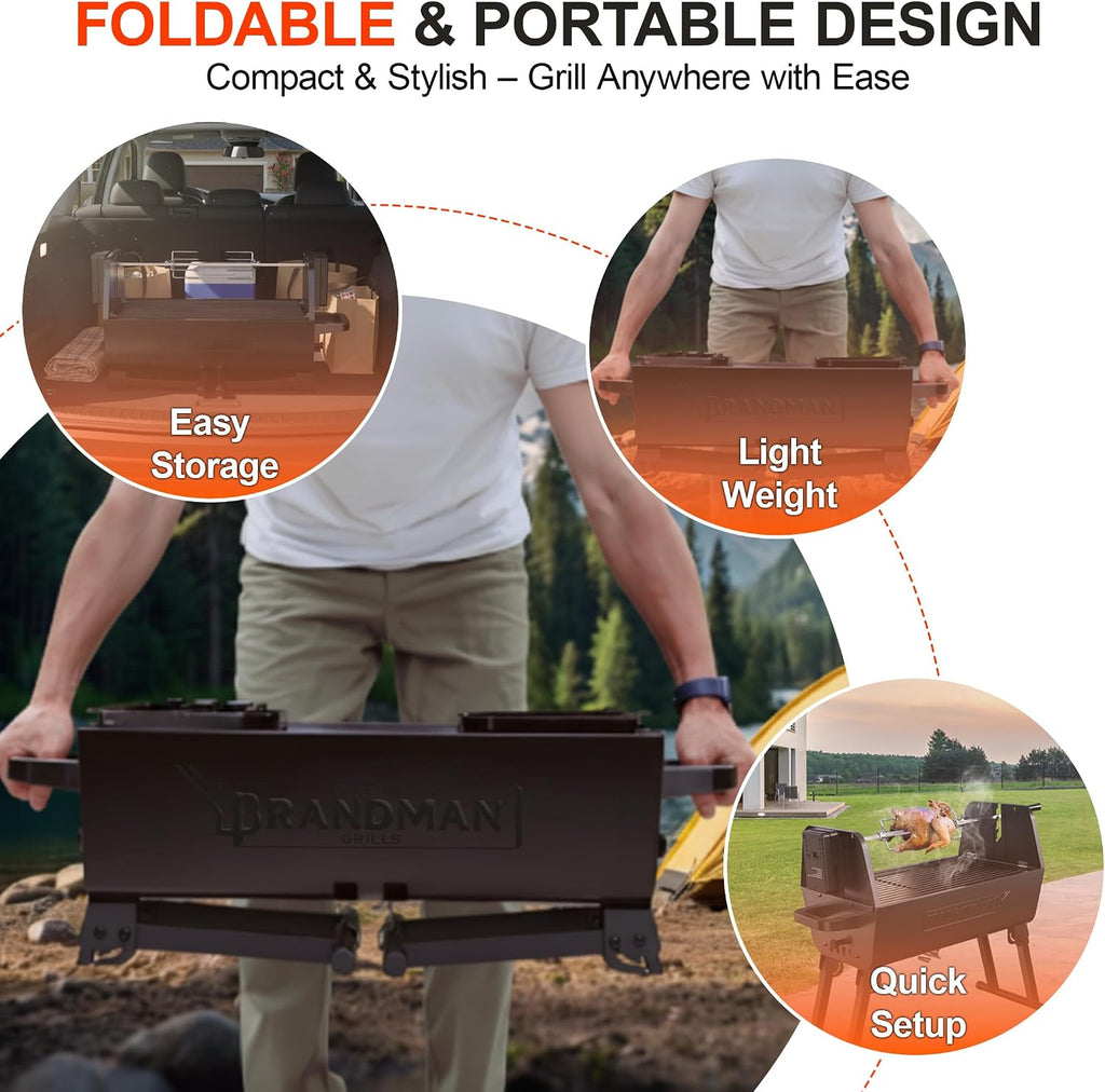 BRANDMAN GRILLS SINCE 1987 Rotisserie Grill Charcoal BBQ Grill 2-in-1 Portable Foldable Outdoor Grill 257 sq.in. Charcoal Spit Rotisserie Grill for Whole Chicken Steaks Burger Camping Picnic Gathering