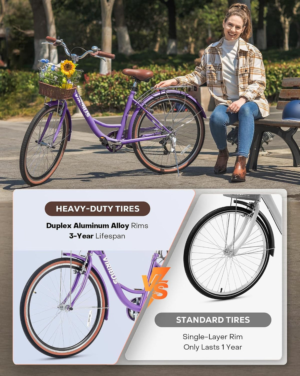 VIRIBUS Womens Cruiser Bike, 7 Speed Beach Cruiser Bike for Women, 26 inch Women Bicycle with Rattan Basket, City Commuter Vintage Retro Step Through Bicycle for Female Ladies Seniors, 330 Lb.