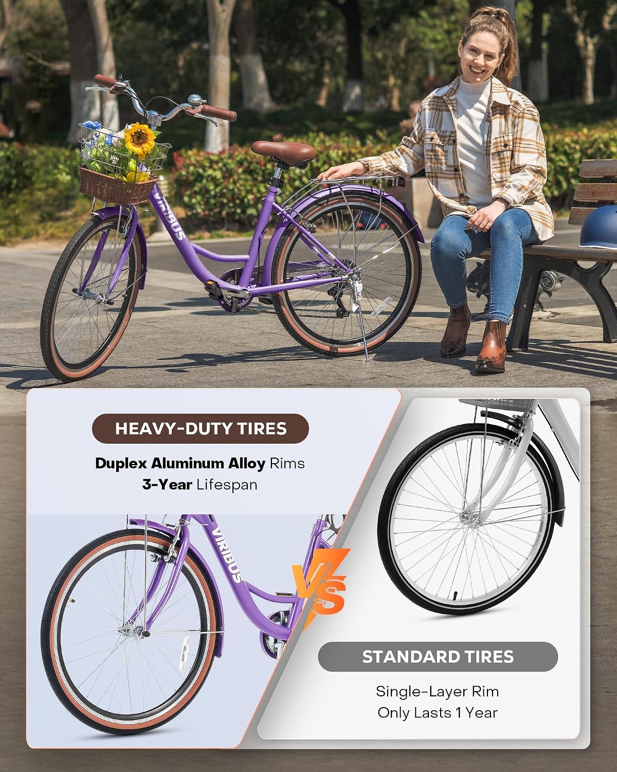 VIRIBUS Womens Cruiser Bike, 7 Speed Beach Cruiser Bike for Women, 26 inch Women Bicycle with Rattan Basket, City Commuter Vintage Retro Step Through Bicycle for Female Ladies Seniors, 330 Lb.