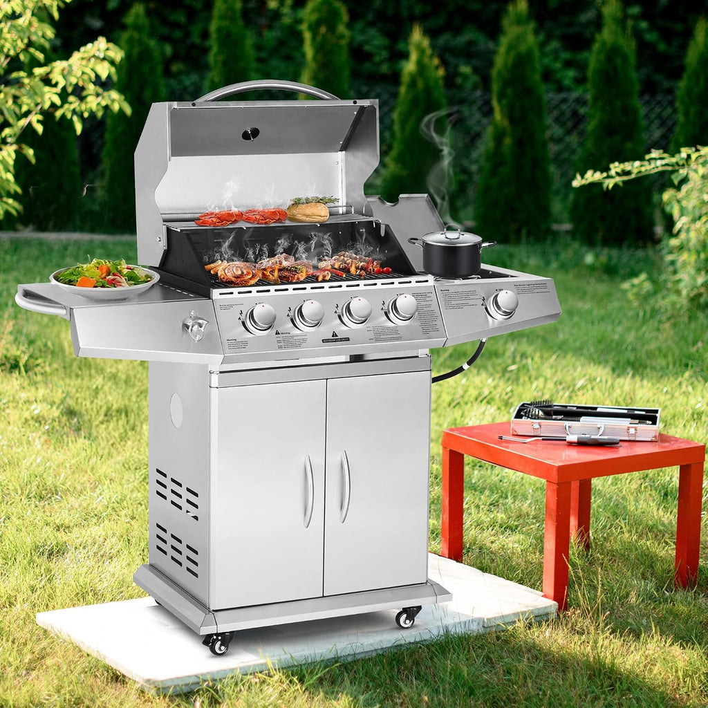 Polar Aurora Propane Gas Grill 4 Burners with Side Burner, Stainless Steel Grill Cart with Wheels for Outdoor Patio Garden Backyard Cooking bbq Grill