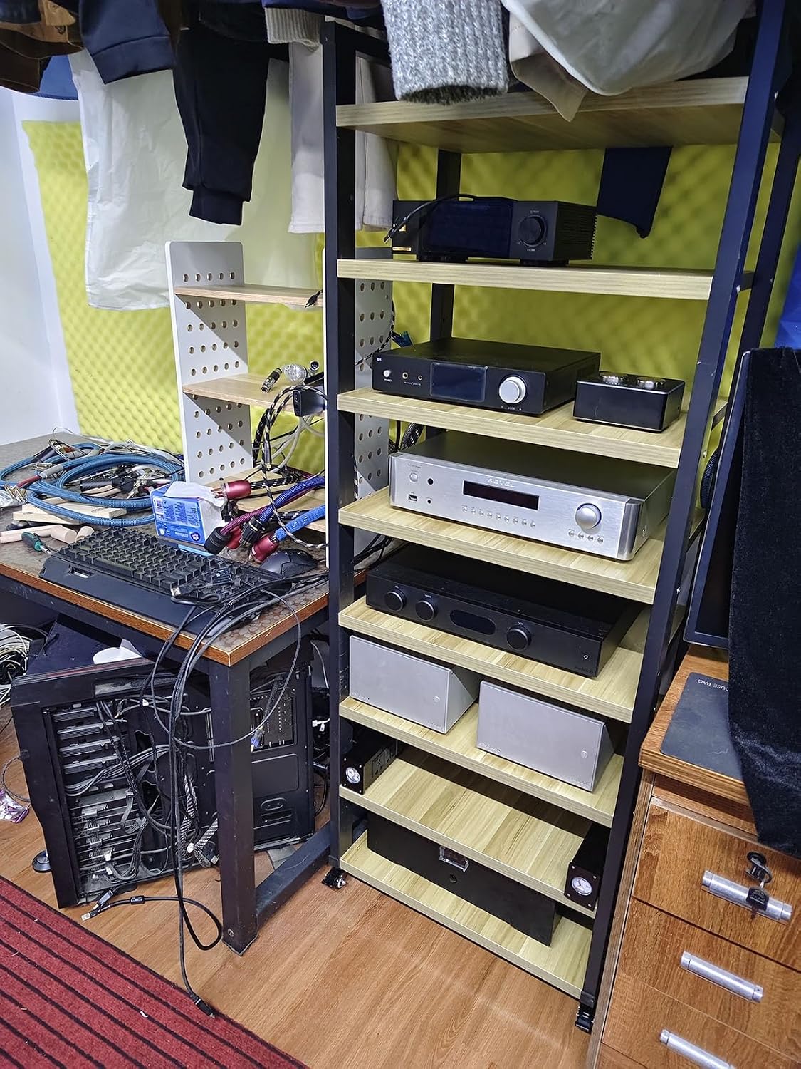 Stereo Rack System Cabinet - Height Adjustable with Rolling Wheels for Audio Equipment Storage in Home or Office