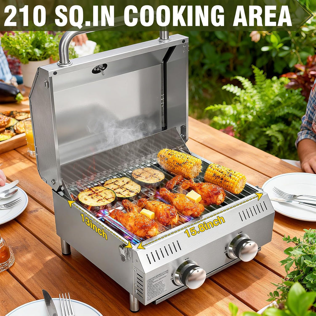 Bestfire Tabletop Propane Gas Grill 2 Burners- Dual Connections, 20,000 BTUs Stainless Steel Portable Grill Fits Large Gas Cylinders and Small Canisters for Outdoor Camping and RV Trips