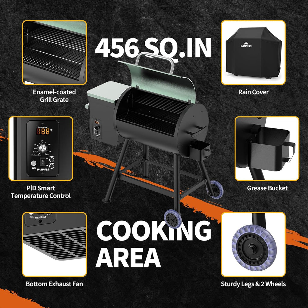 DAMNISS Electric Wood Pellet Grill 8 In 1 BBQ Grills for Outdoor Grill with Auto Feed & PID Temperature Control (180-450°F)456 Sq.In Cook Area Smoker Gills for Backyard New House Gifts