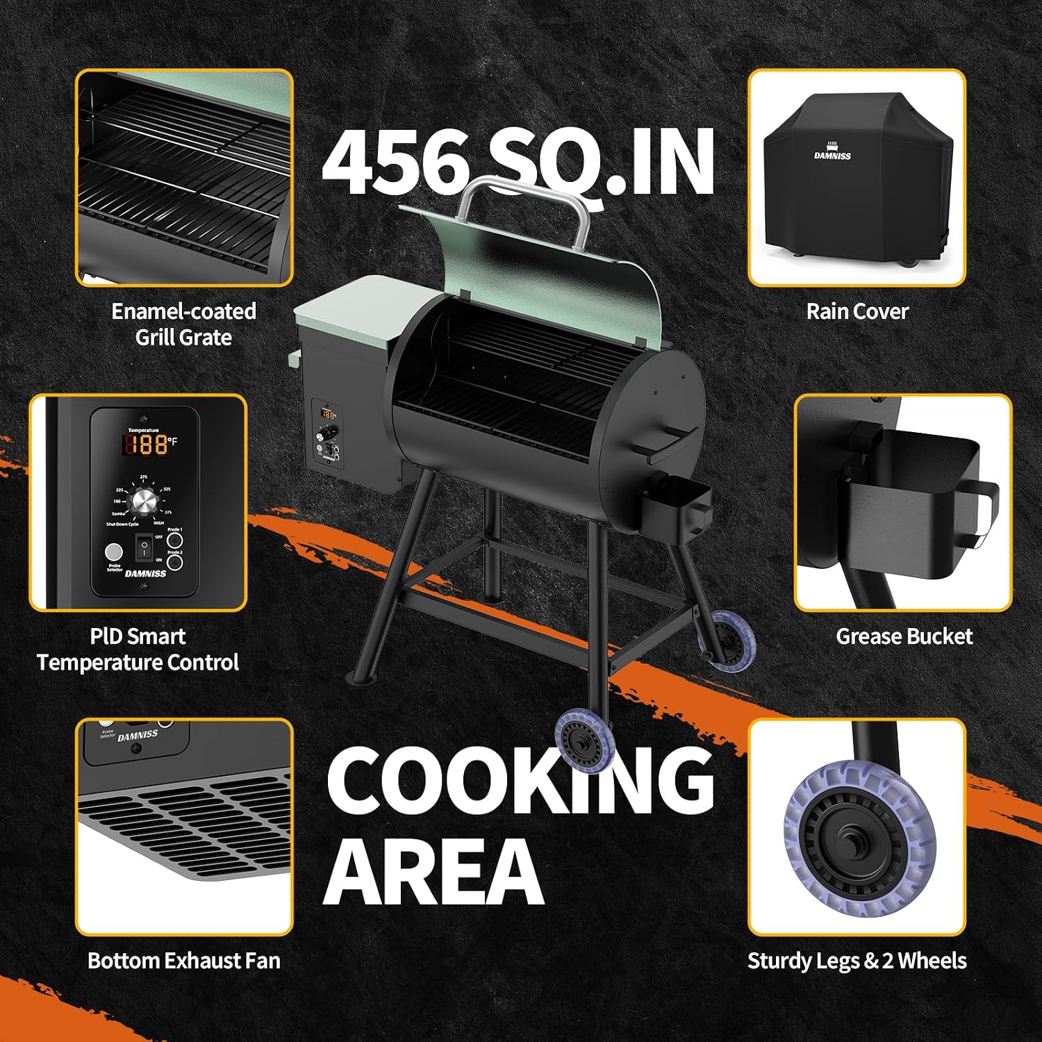 DAMNISS Electric Wood Pellet Grill 8 In 1 BBQ Grills for Outdoor Grill with Auto Feed & PID Temperature Control (180-450°F)456 Sq.In Cook Area Smoker Gills for Backyard New House Gifts