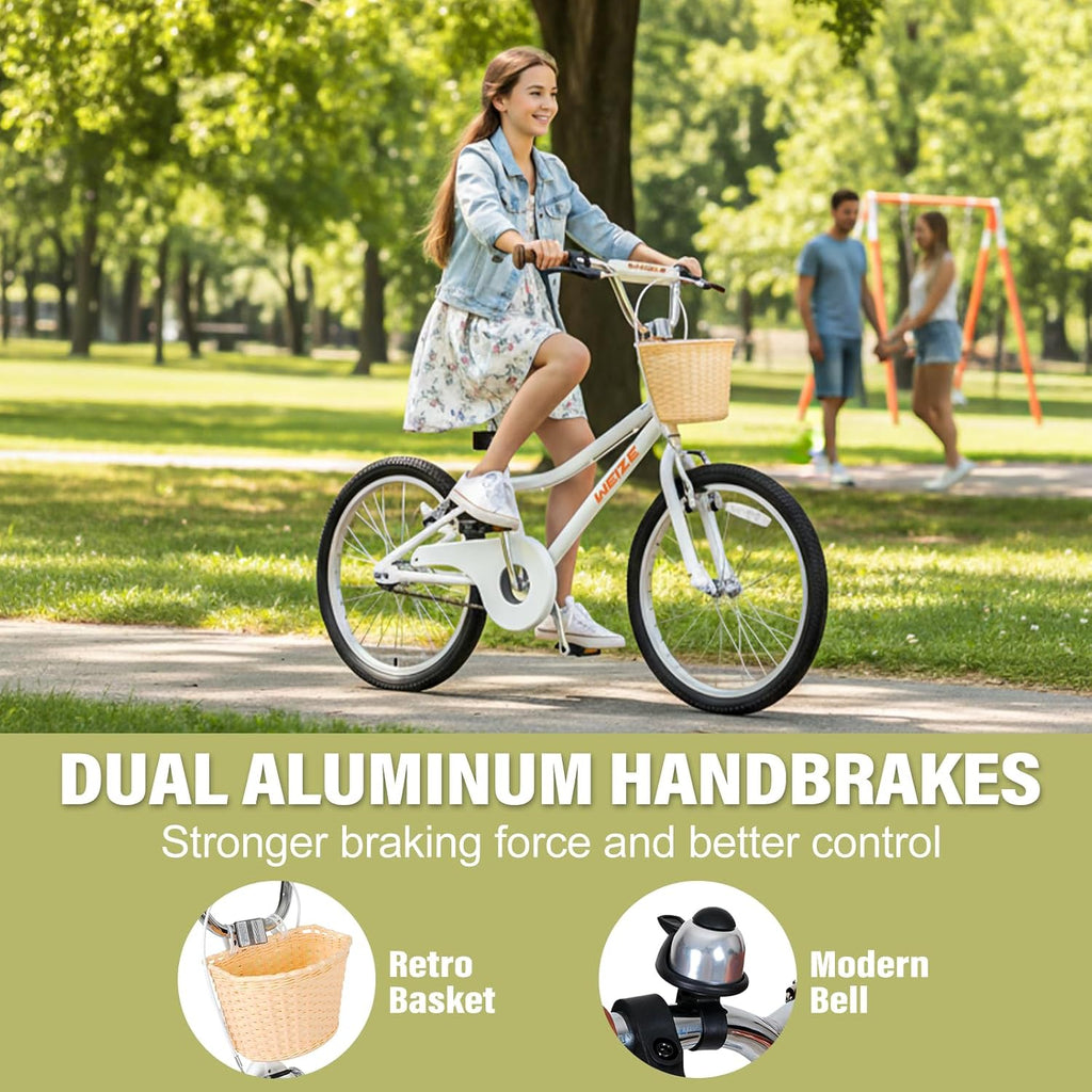 WEIZE Girls Bike for 6-14 Years Old, 20 24 Inch Kids Bike with Basket and Kickstand, Retro Style Childrens Bicycle for Teen Girls, Lightweight Steel Frame, Multiple Colors