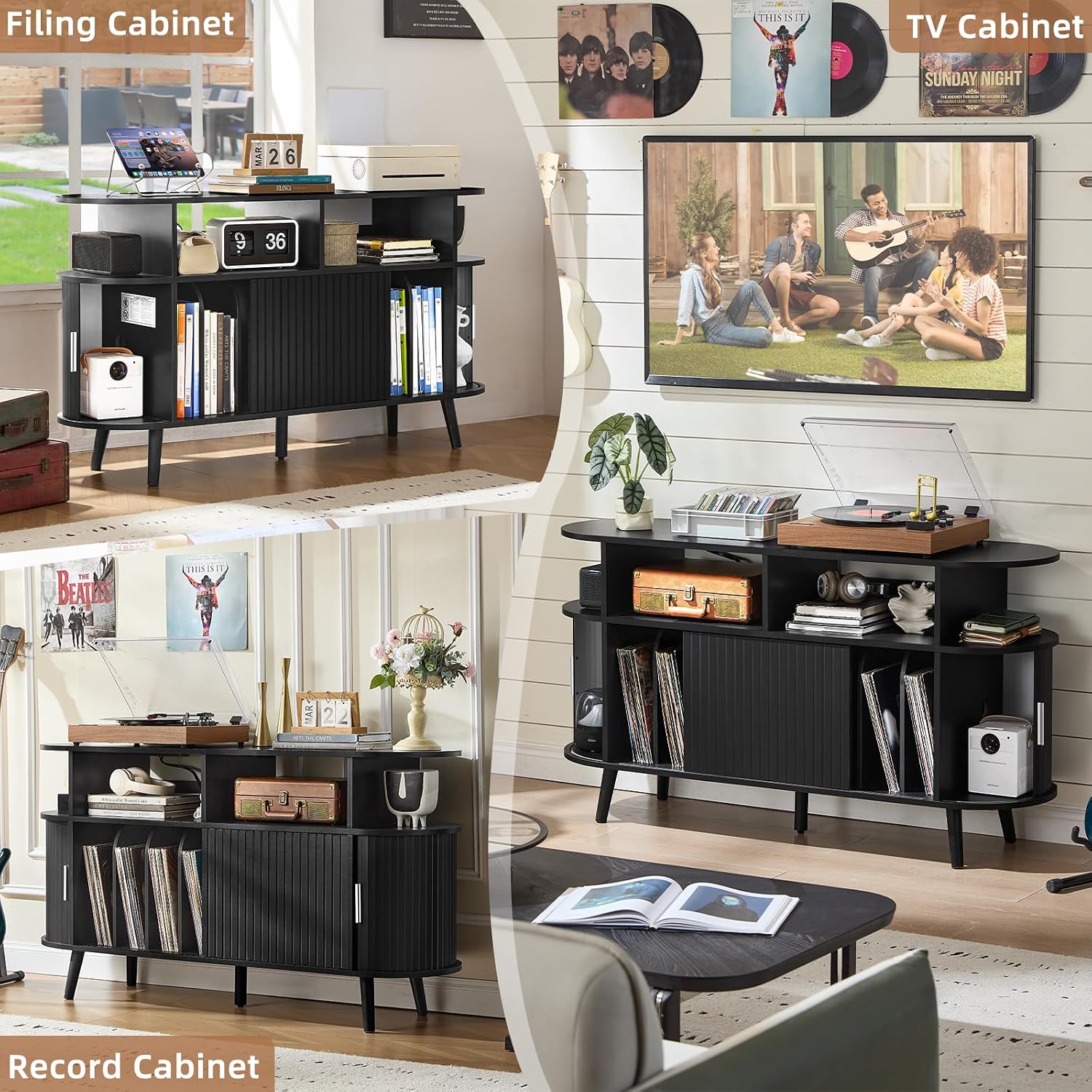 LELELINKY Extra Large Round Record Player Stand with Charging Station & Fluted Panel, Mid Century Modern Turntable Cabinet with Vinyl Storage, Arched Wood Record Player Table for Living Room,Black