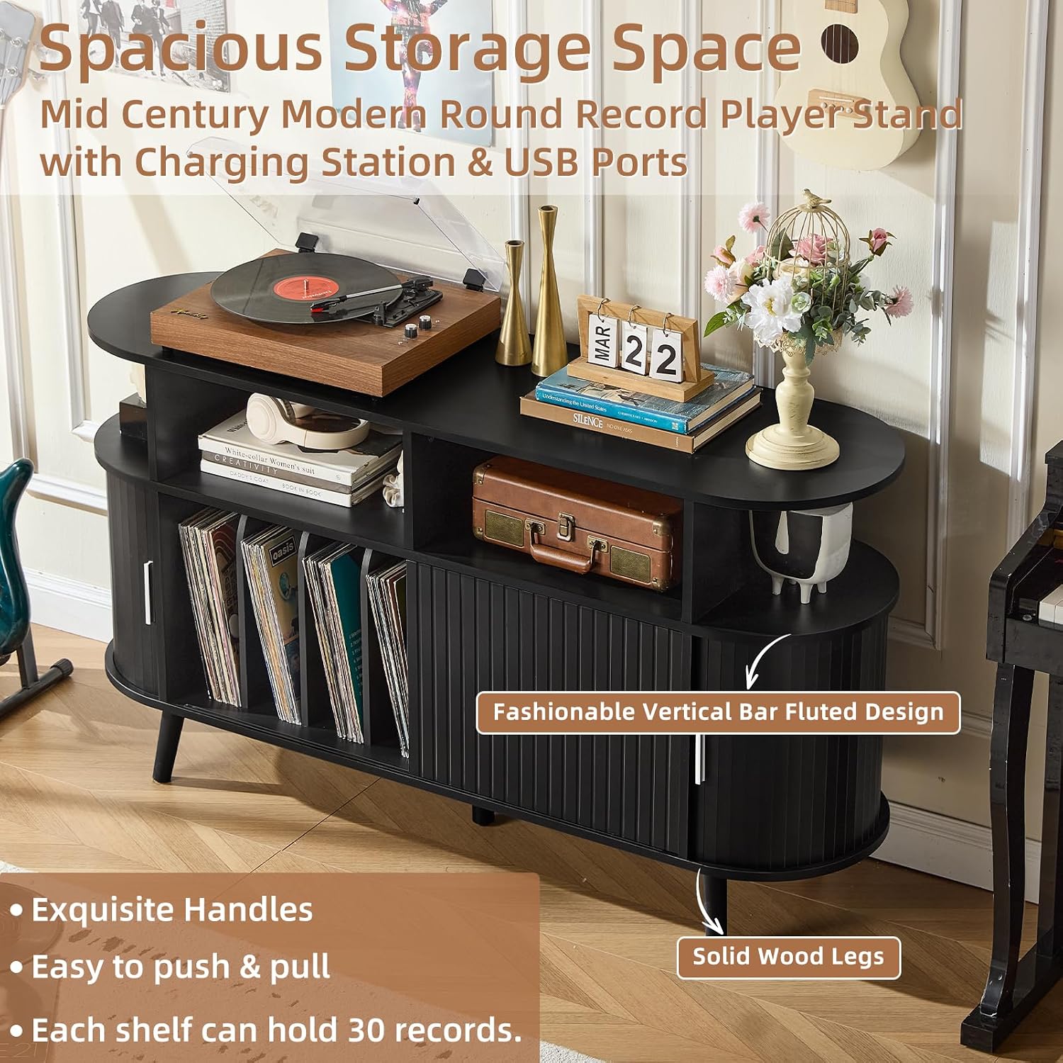 LELELINKY Extra Large Round Record Player Stand with Charging Station & Fluted Panel, Mid Century Modern Turntable Cabinet with Vinyl Storage, Arched Wood Record Player Table for Living Room,Black