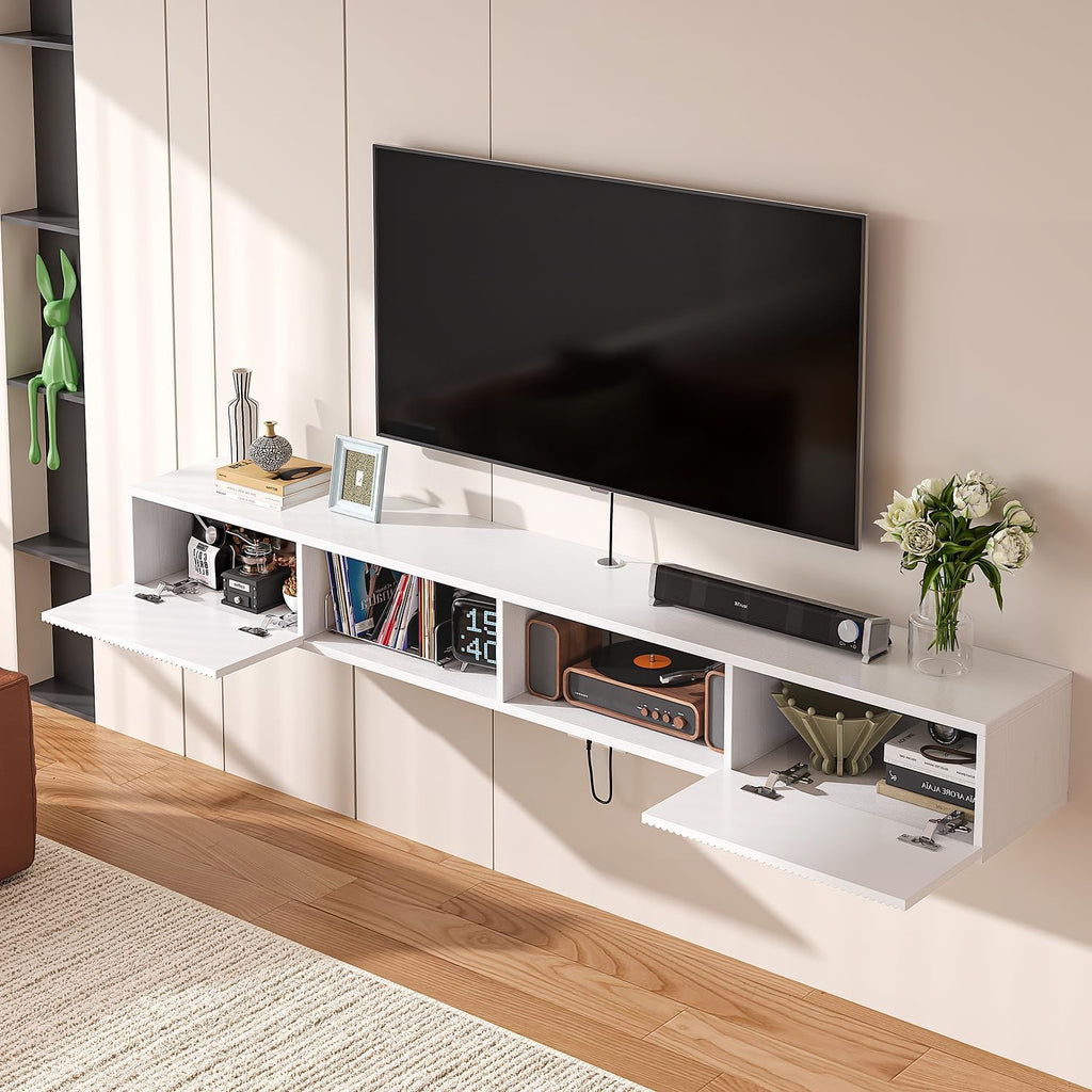 55 inch Plywood Floating TV Stand, Wall Mounted Media Console with Fluted Doors, Mid-Century Modern Entertainment Center, Space-Saving Hanging Cabinet for Living Room,White