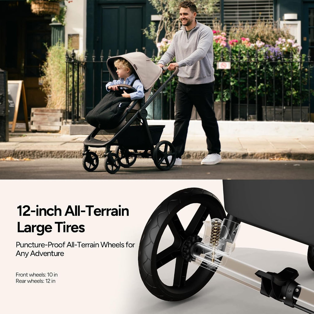 Mompush Ultimate 3 Baby Stroller, Premium Convertible Full-Size Stroller for Toddler to 50 lbs – 11.8' All-Terrain Wheels; Four-Wheel Suspension; Reversible Extendable Seat; One-Second Fold