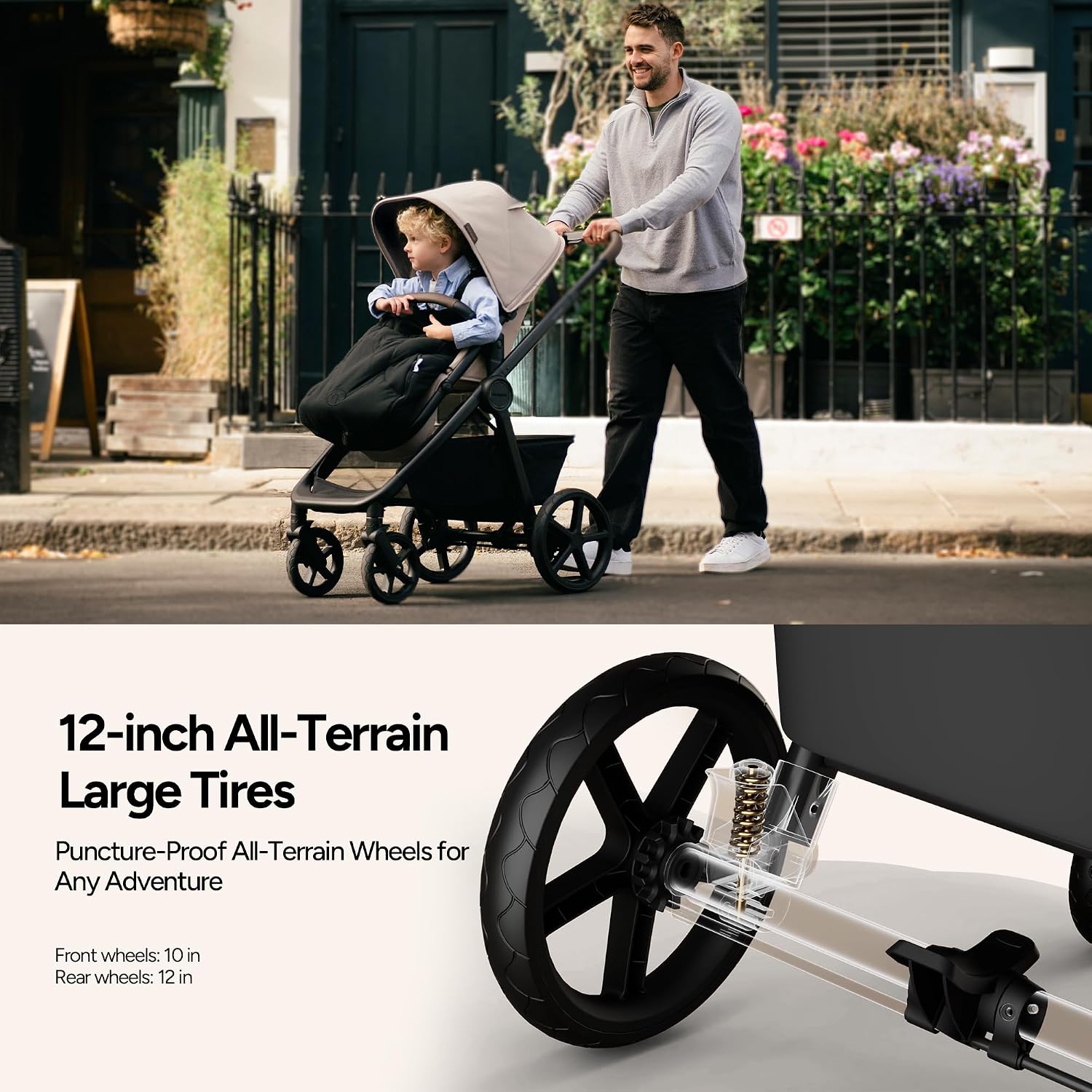 Mompush Ultimate 3 Baby Stroller, Premium Convertible Full-Size Stroller for Toddler to 50 lbs – 11.8' All-Terrain Wheels; Four-Wheel Suspension; Reversible Extendable Seat; One-Second Fold