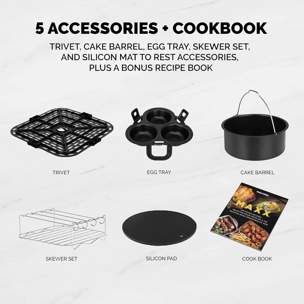 Kalorik MAXX® Plus Digital 7-Quart, 7-in-1 Oilless Air Fryer, LCD Display, 22 Smart Presets, 5 Accessories, and Recipe Book, 1750W, Stainless Steel, FT 50928 OW