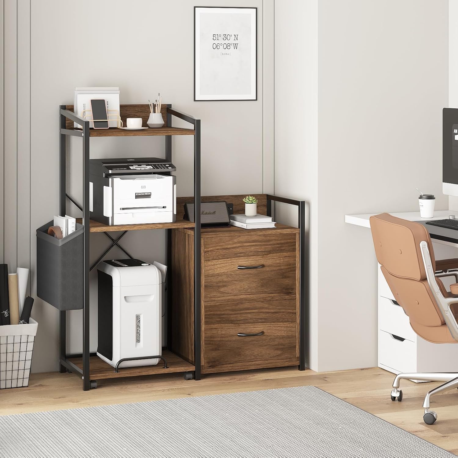 Printer Stand with Storage, 49.2' × 37.8' 3-Tier 3D Printer Table with 2 Drawers, Charging Station & LED Lights, Side Organizer Basket, Rolling Printer Cart for Scanner Fax Office, Rustic Brown