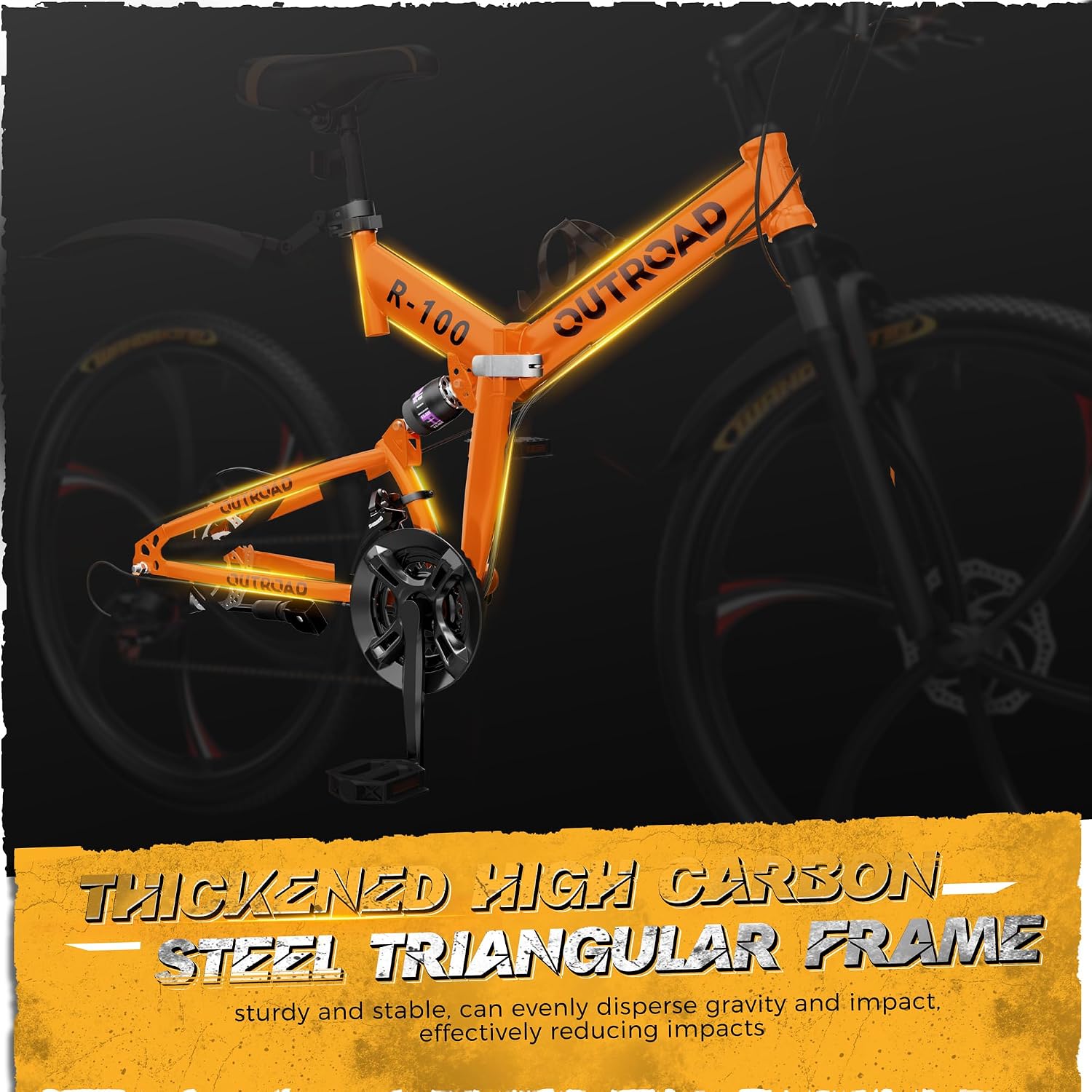 Outroad 26 Inch Folding Mountain Bike, 21 Speed Full Suspension High-Carbon Steel MTB Foldable Bicycle, Dual Disc Brake Non-Slip Folding Bikes for Adults/Men/Women, Black, Orange and Green