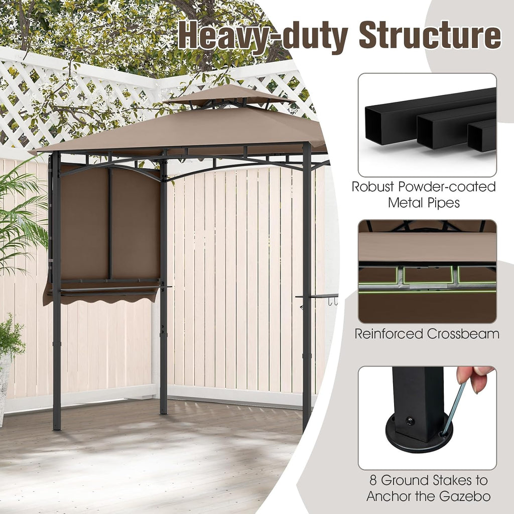 Tangkula 11x5 FT Grill Gazebo with Side Awning, 2-Tier Barbecue Gazebo with 2 Shelves, 12 Hanging Hooks, Bottle Opener, Outdoor Grill Canopy for Backyard Garden Poolside (Brown)