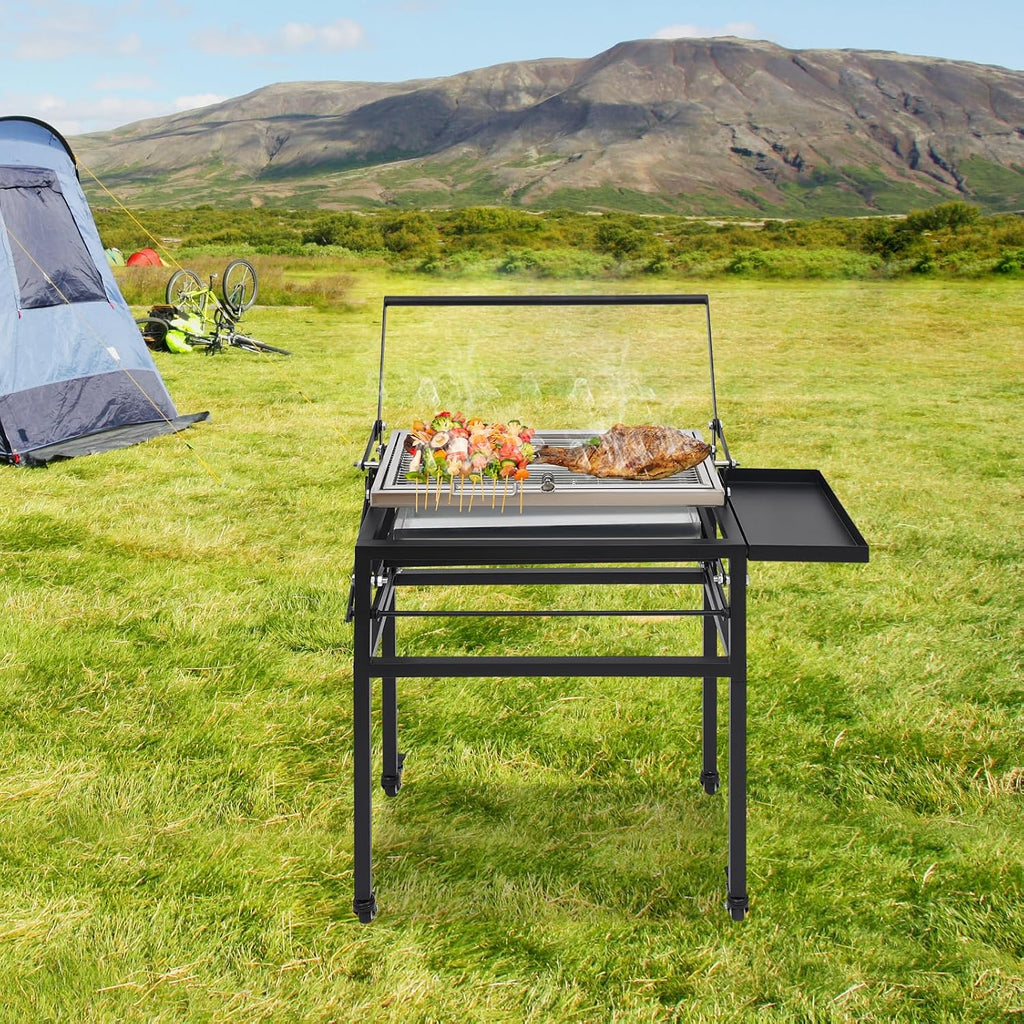 Charcoal Flip Grill & 360° Rotating BBQ Grill, Portable Tabletop Charcoal Grill with Removable Tray and Adjustable Steel Frame, Outdoor Camping and Backyard Picnic Cooking System