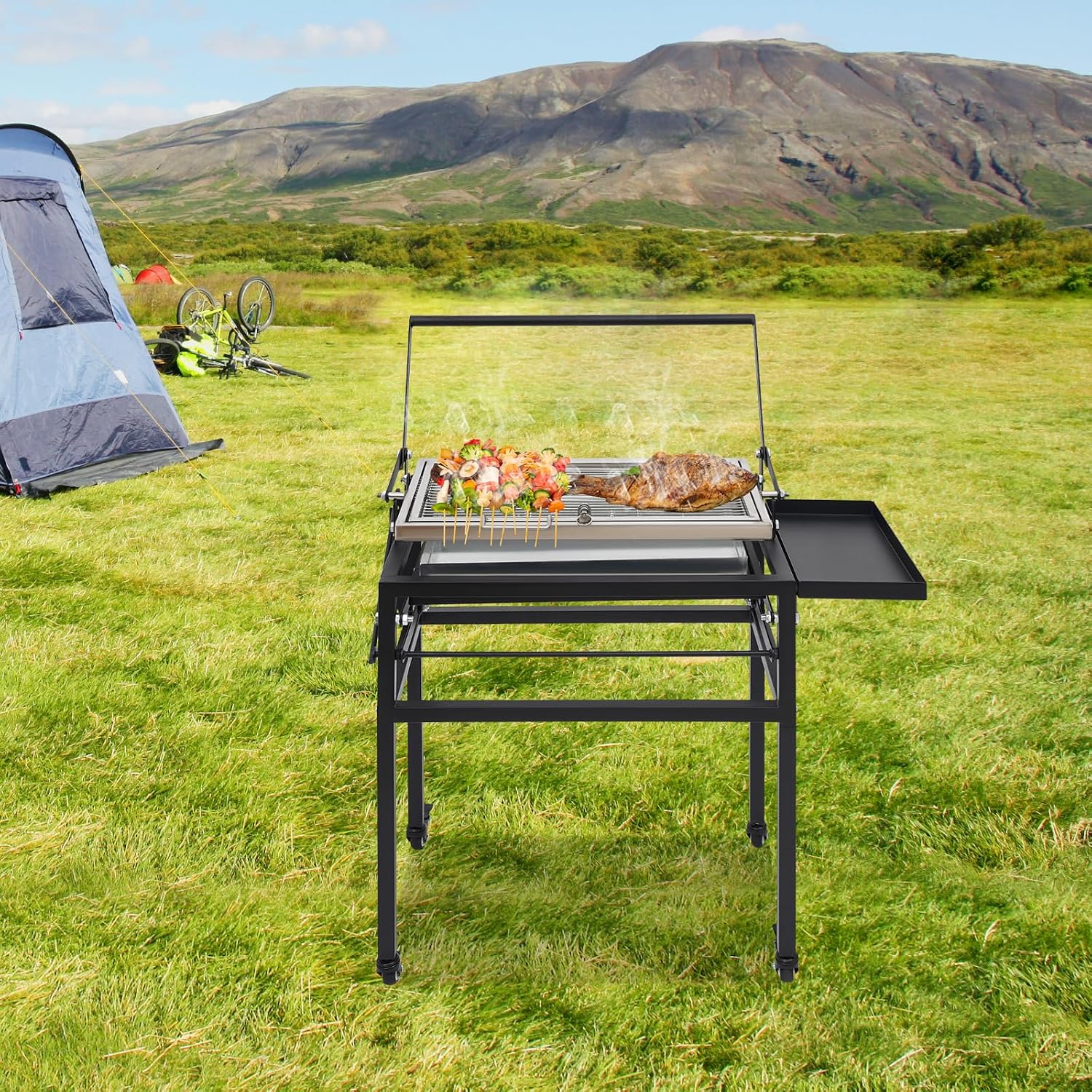 Charcoal Flip Grill & 360° Rotating BBQ Grill, Portable Tabletop Charcoal Grill with Removable Tray and Adjustable Steel Frame, Outdoor Camping and Backyard Picnic Cooking System