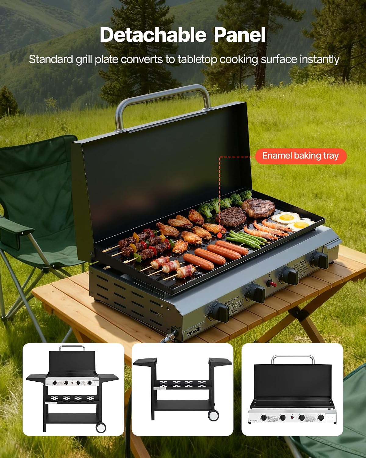 VEVOR Gas Griddle, 4-Burner Flat Top Grill, 29 inch Grill Plate Propane Griddle with Wheels, Lid, 28000 BTU Outdoor Flat Top Grills for Pan-Frying, Grilling, Stir-Frying, & BBQ, Pulse Ignition