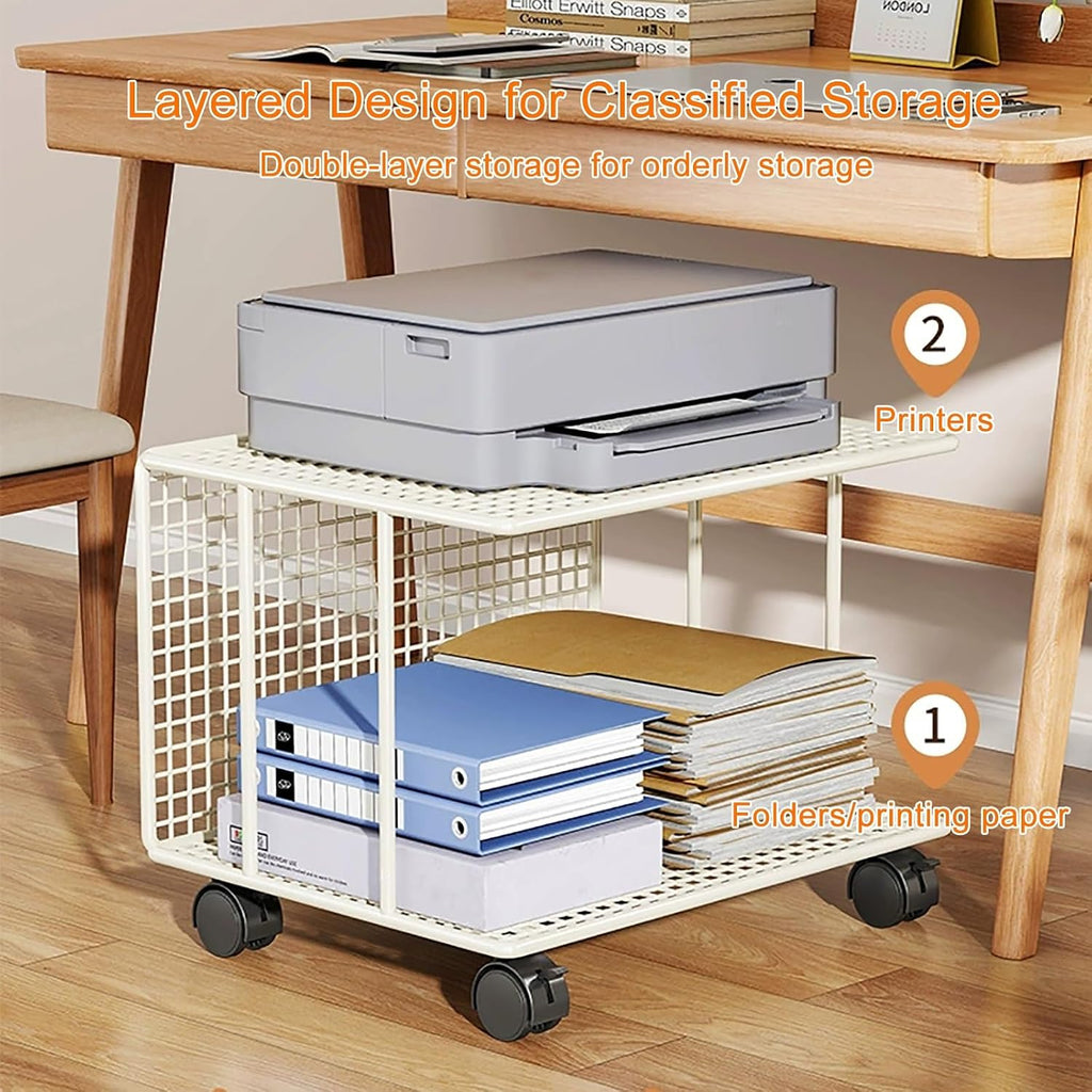 2-Tier Printer Stand Printer Cart, Under Desk Printer Shelf, Metal Printer Table with 360° Lockable Wheels, Storage Rack for 3D & Laser Printer, Scanner, Heat Press(White,48x38x37cm)
