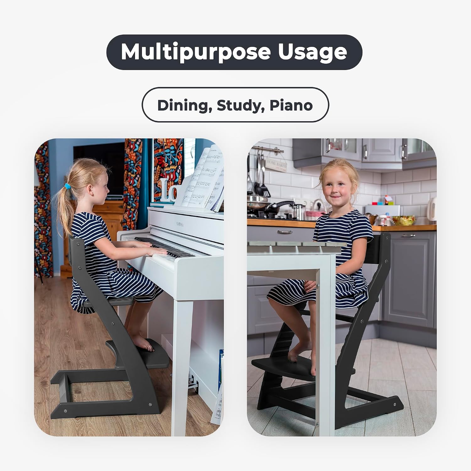 FORNEL Modern Black Wooden High Chair | Adjustable Grow-with-Me Toddler Seat for Age 3 to 15 | Perfect for Minimalist & Industrial Kitchens