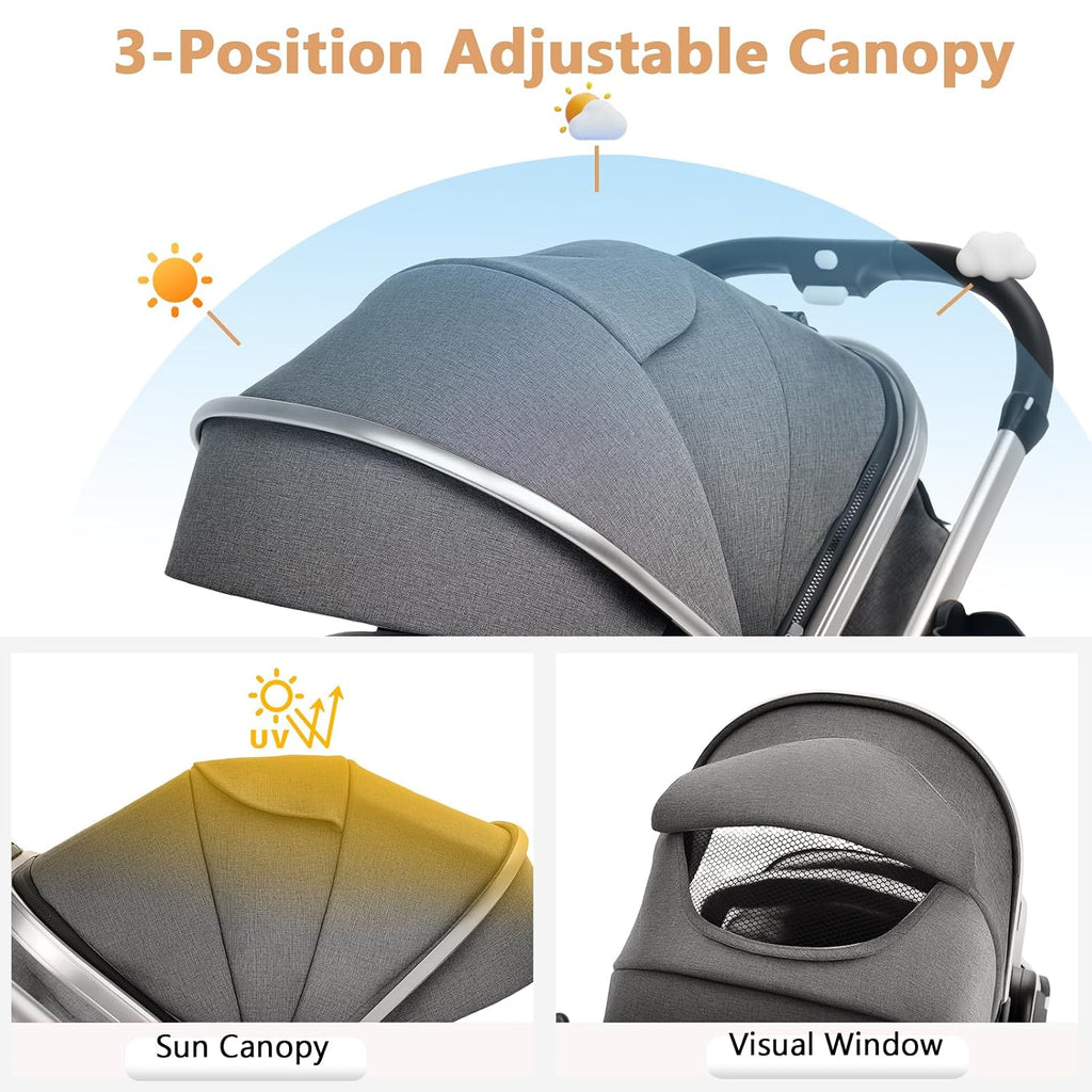 TODEFULL Convertible Baby Stroller, 3 in 1 Folding Infant Stroller, High Landscape Pushchair w/Adjustable Backrest & Canopy, Newborn Pram with Foot Cover, Storage Basket, Dark Grey