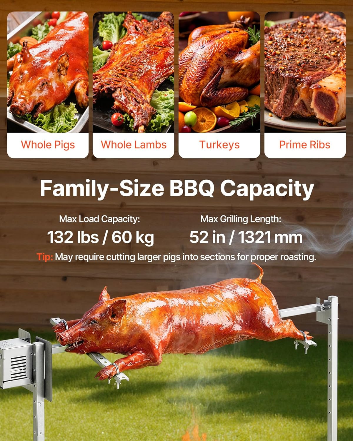 VEVOR Rotisserie Grill, 52in Electric Rotisserie Grill Kit 8 Level Height, BBQ Grills Rotisseries Kit with 132 lbs Load Capacity, Asador de Puerco, Stainless Steel Automatic Grilling Kits for Parties