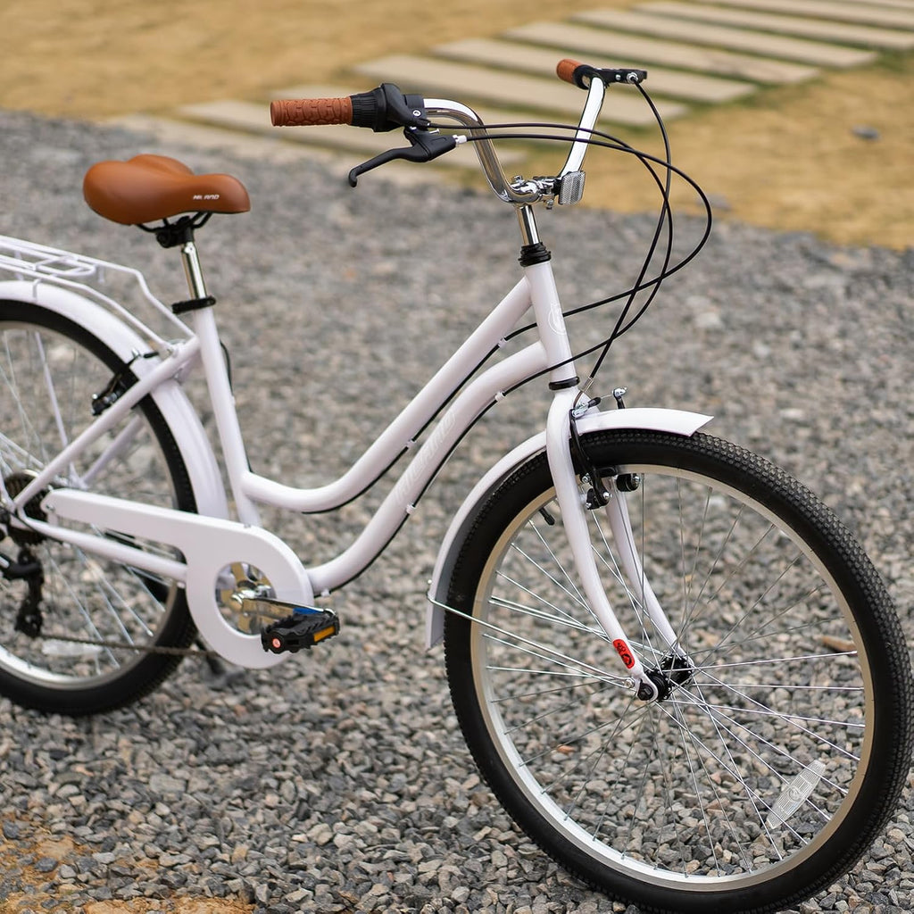 HILAND 26 inch Beach Cruiser Bike for Men and Women, 7 Speed Step-Through Frame Adult Bicycle with Rear Rack, Retro Bike Commuter City Bicycle