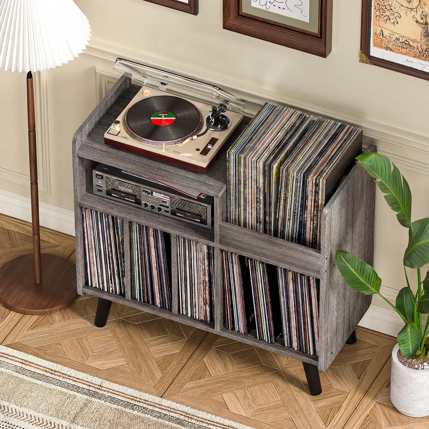 Record Player Stand, Large Record Player Table Cabinet with Open Vinyl Storage and Display Shelf Holds up to 250 Albums, Mid Century Wood Turntable for Living Room, Bedroom (Grey)